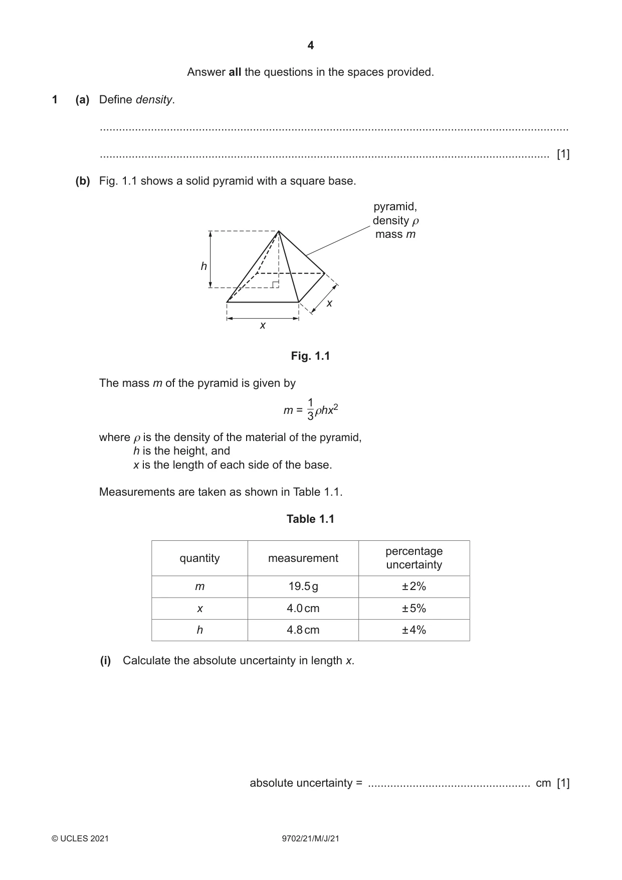 Cambridge A Level Physics 9702 2021 May/June Paper 2 · Variant 1 question paper, page 4 of 16