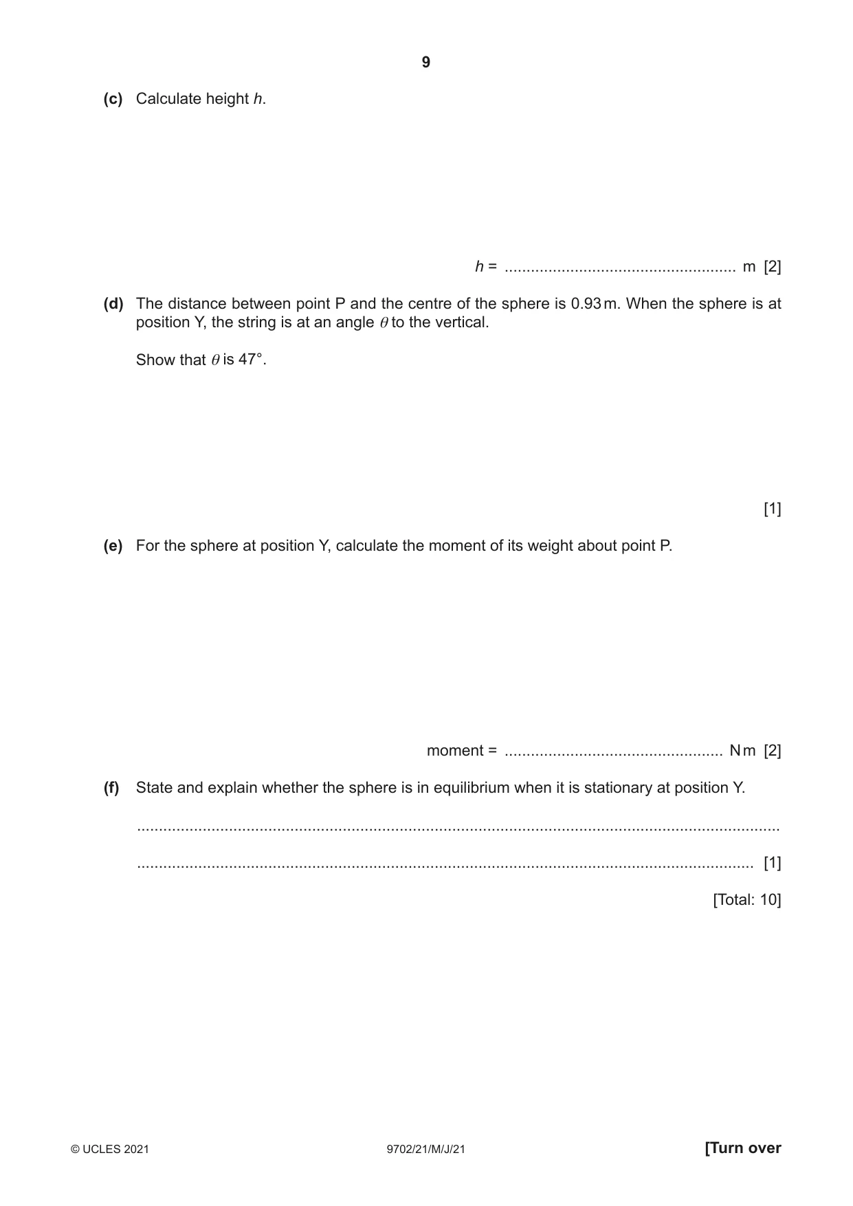 Cambridge A Level Physics 9702 2021 May/June Paper 2 · Variant 1 question paper, page 9 of 16