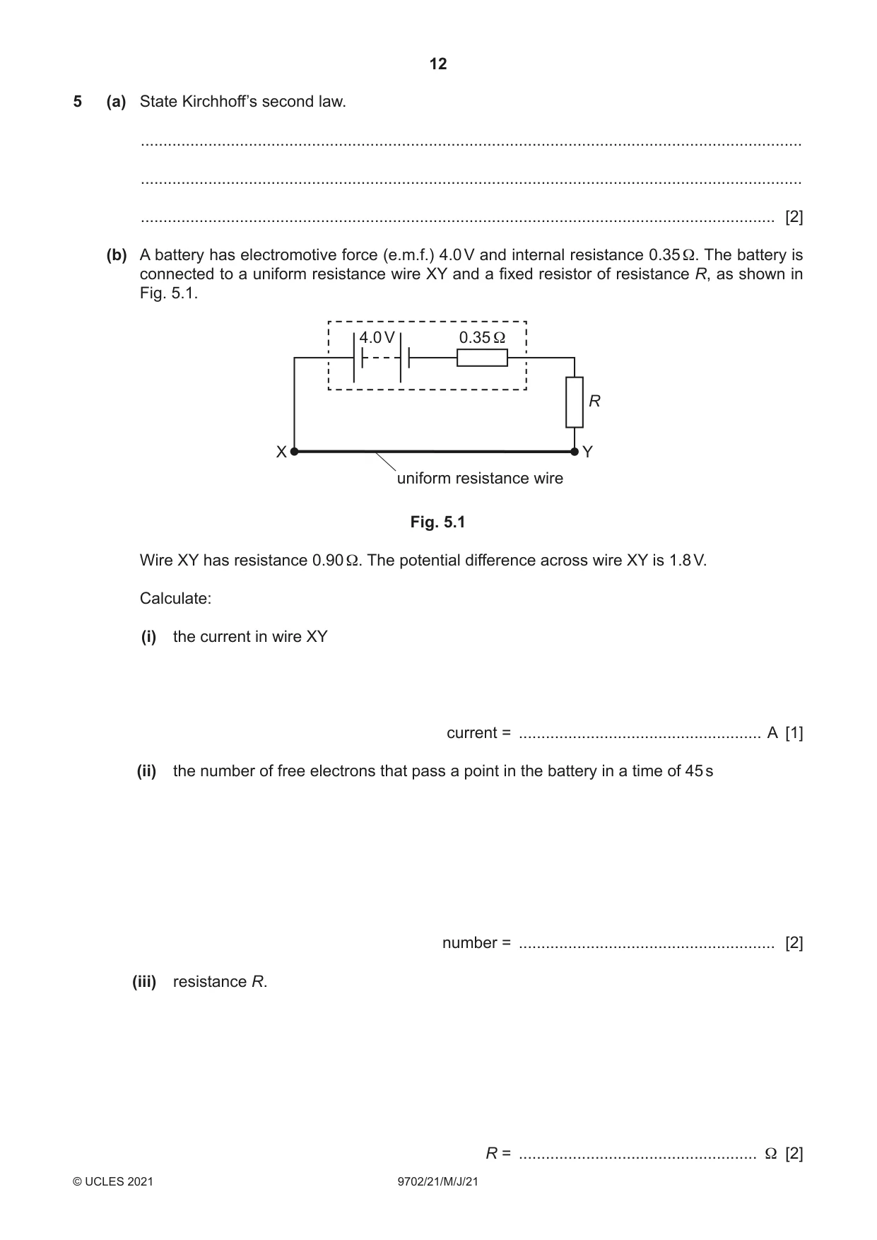 Cambridge A Level Physics 9702 2021 May/June Paper 2 · Variant 1 question paper, page 12 of 16