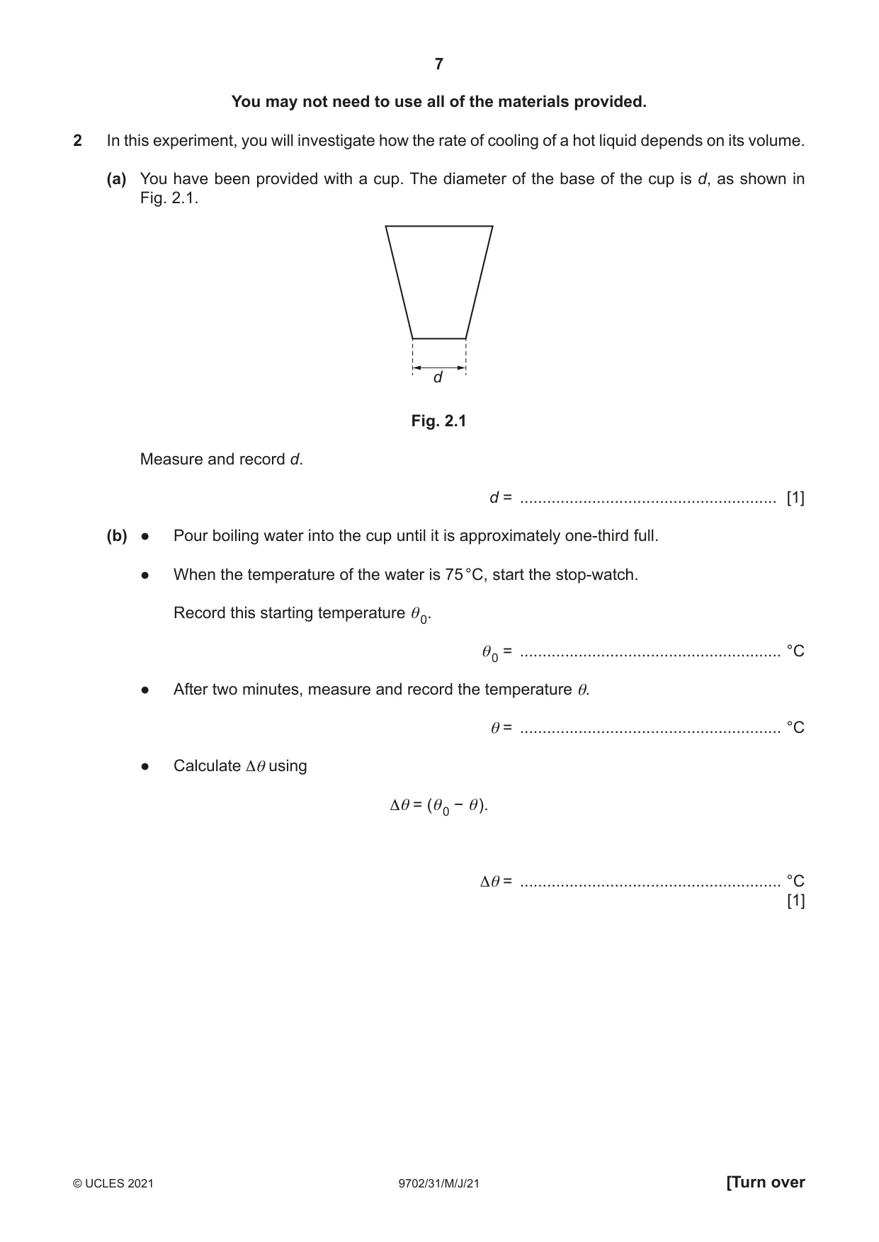 Cambridge A Level Physics 9702 2021 May/June Paper 3 · Variant 1 question paper, page 7 of 12