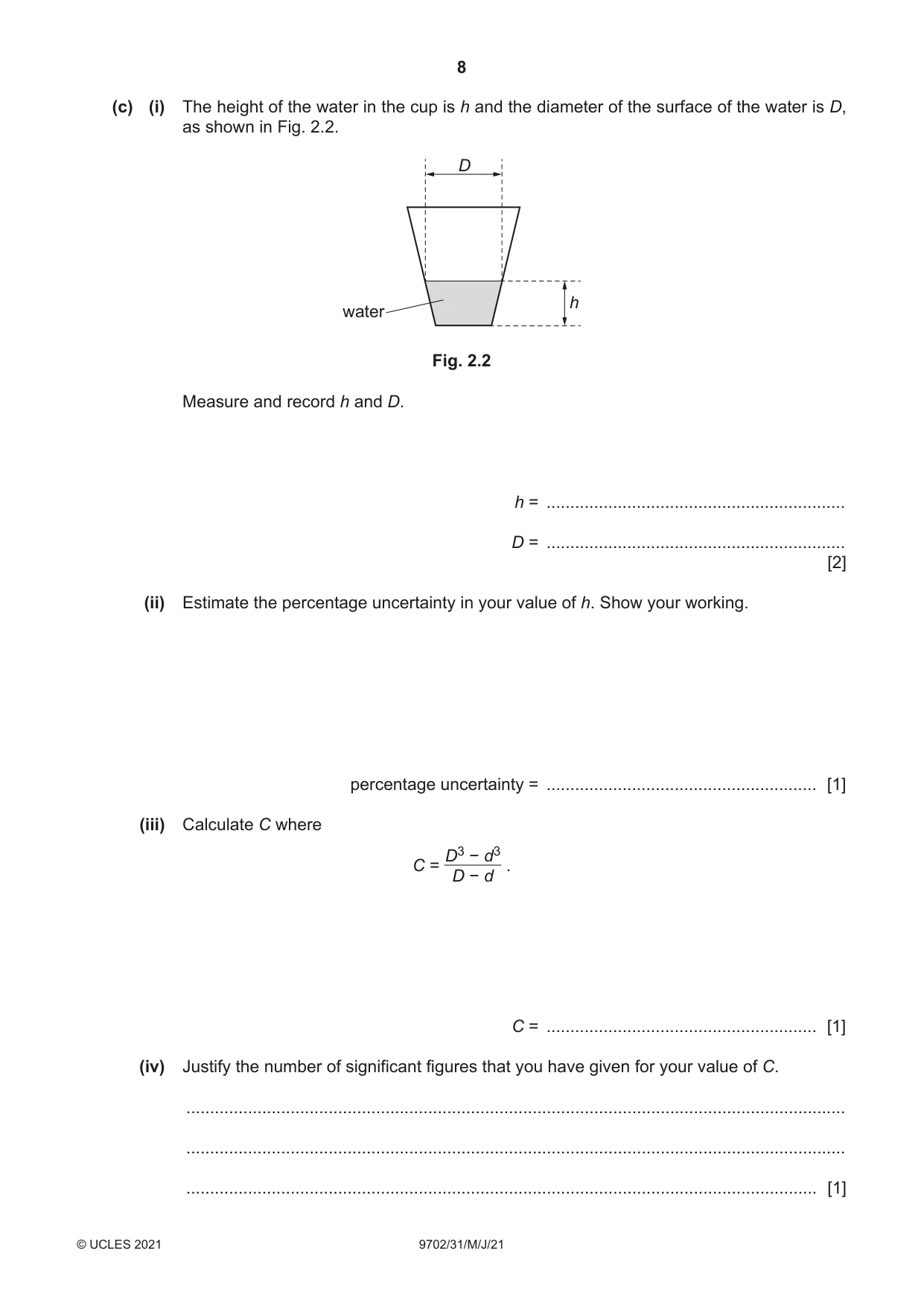 Cambridge A Level Physics 9702 2021 May/June Paper 3 · Variant 1 question paper, page 8 of 12
