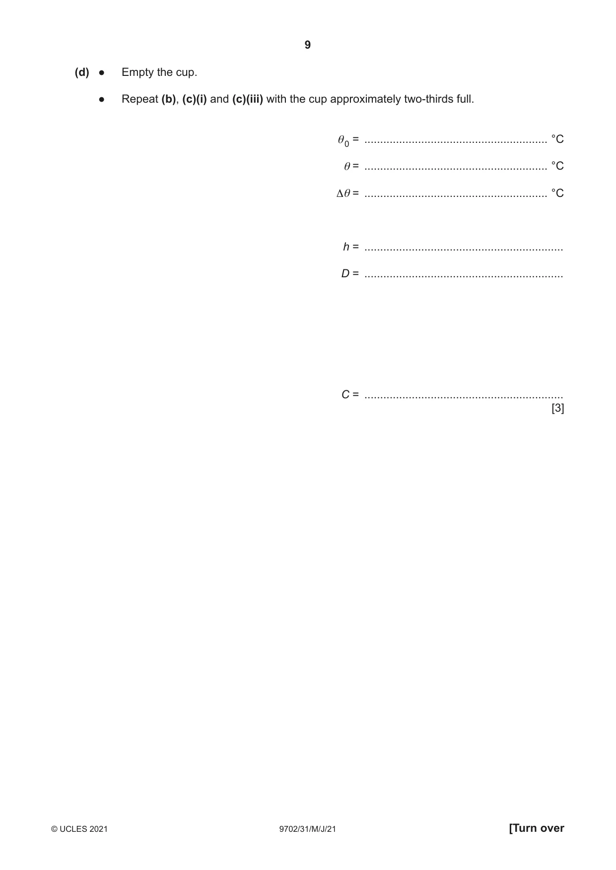 Cambridge A Level Physics 9702 2021 May/June Paper 3 · Variant 1 question paper, page 9 of 12
