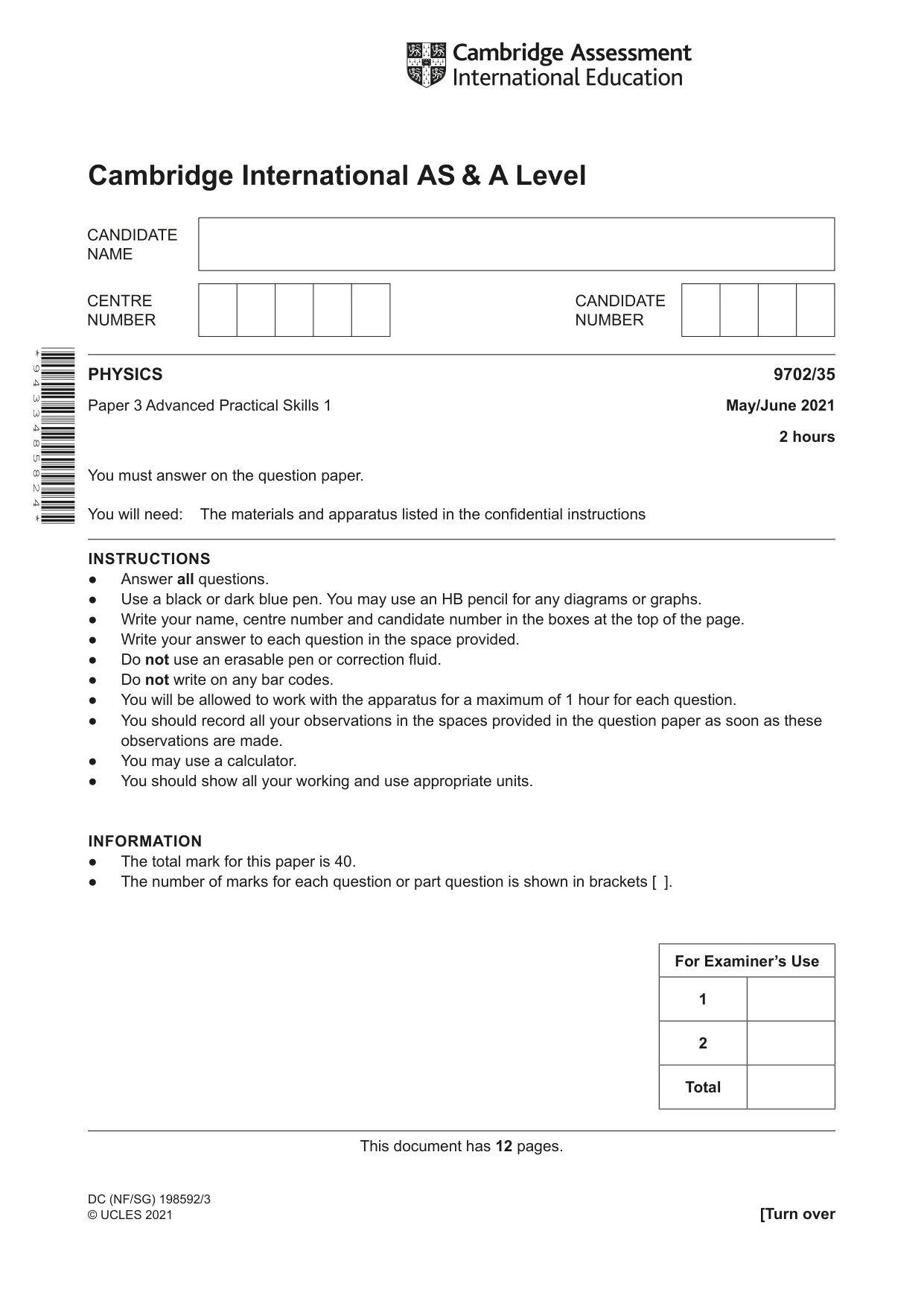 Cambridge A Level Physics 9702 2021 May/June Paper 3 · Variant 5 question paper, page 1 of 12