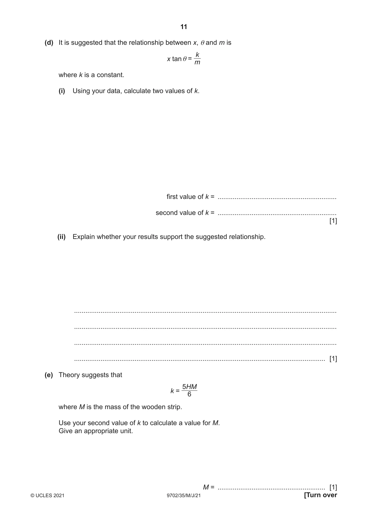 Cambridge A Level Physics 9702 2021 May/June Paper 3 · Variant 5 question paper, page 11 of 12