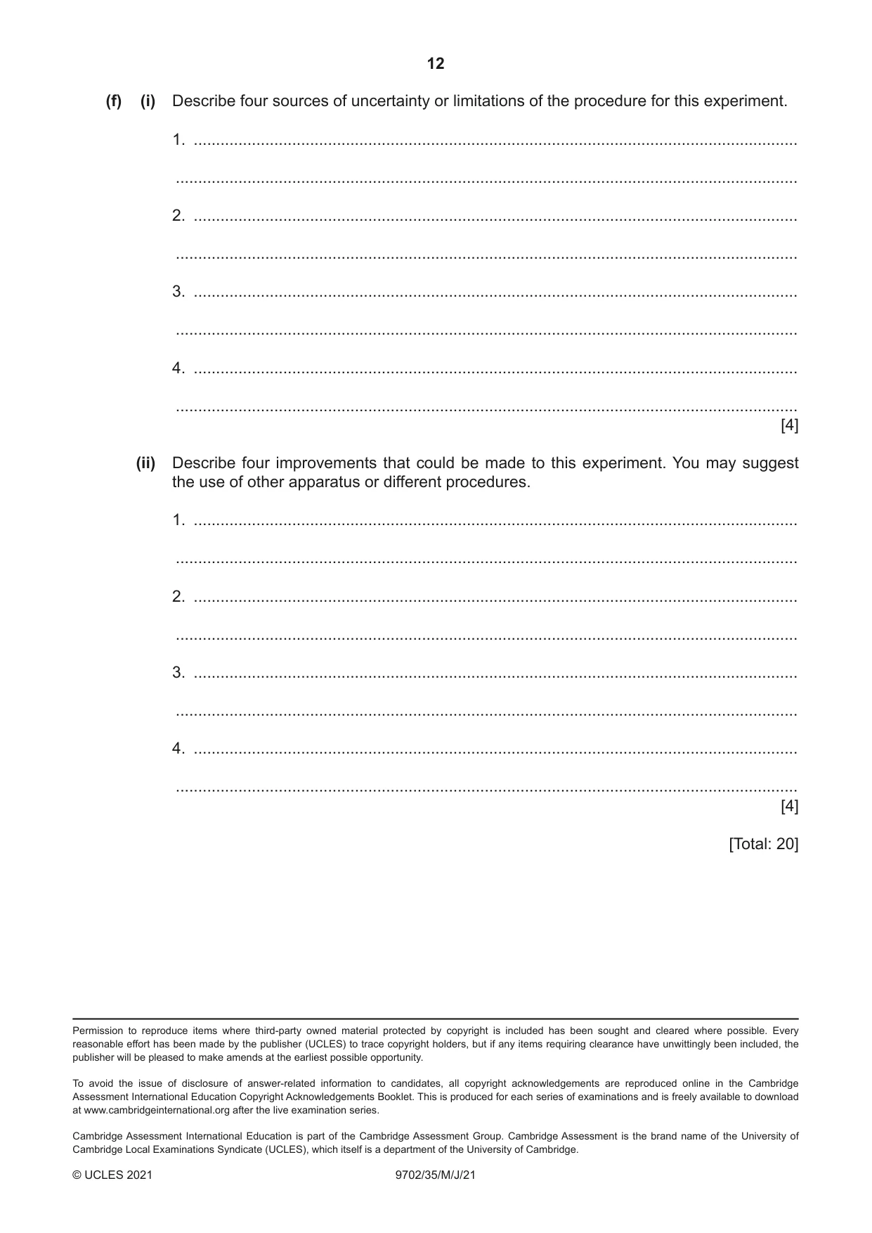 Cambridge A Level Physics 9702 2021 May/June Paper 3 · Variant 5 question paper, page 12 of 12