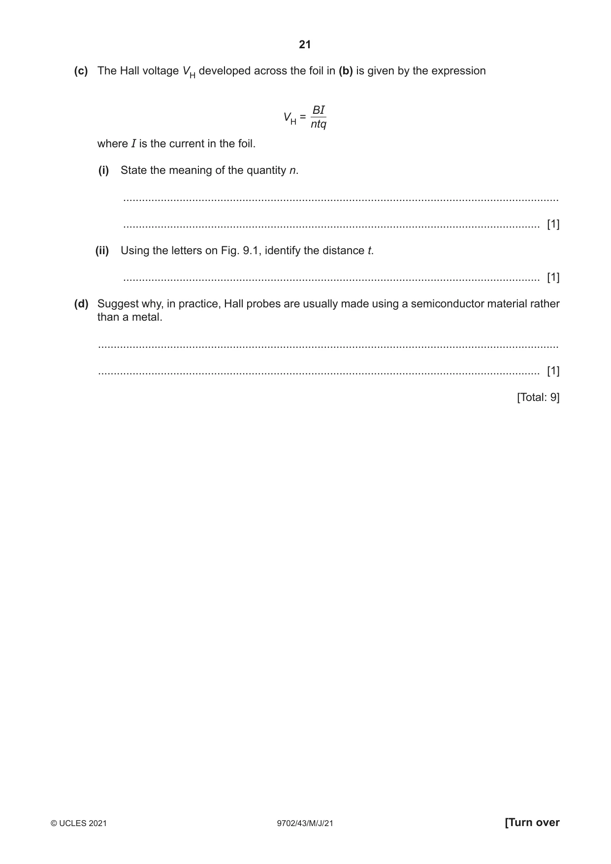 Cambridge A Level Physics 9702 2021 May/June Paper 4 · Variant 3 question paper, page 21 of 28
