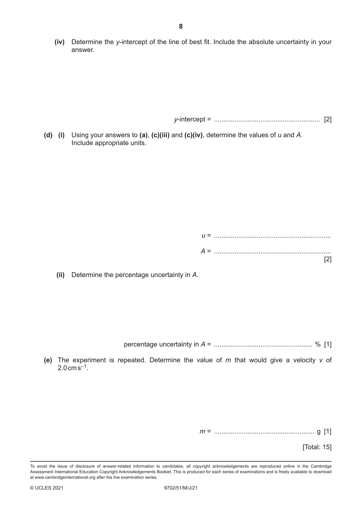 Cambridge A Level Physics 9702 2021 May/June Paper 5 · Variant 1 question paper, page 8 of 8