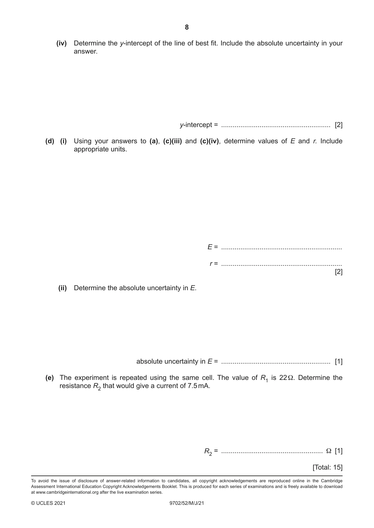 Cambridge A Level Physics 9702 2021 May/June Paper 5 · Variant 2 question paper, page 8 of 8