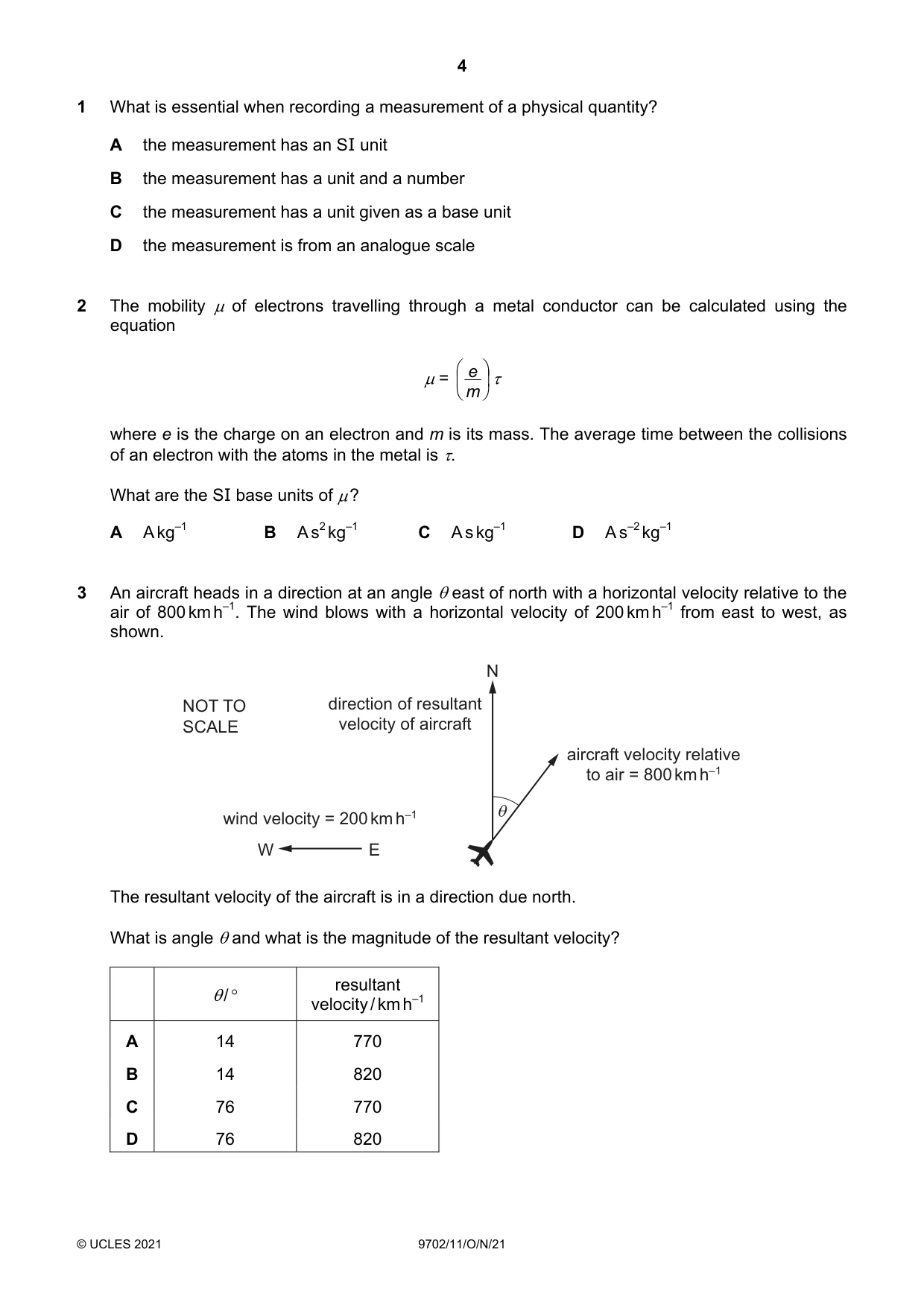Cambridge A Level Physics 9702 2021 Oct/Nov Paper 1 · Variant 1 question paper, page 4 of 20