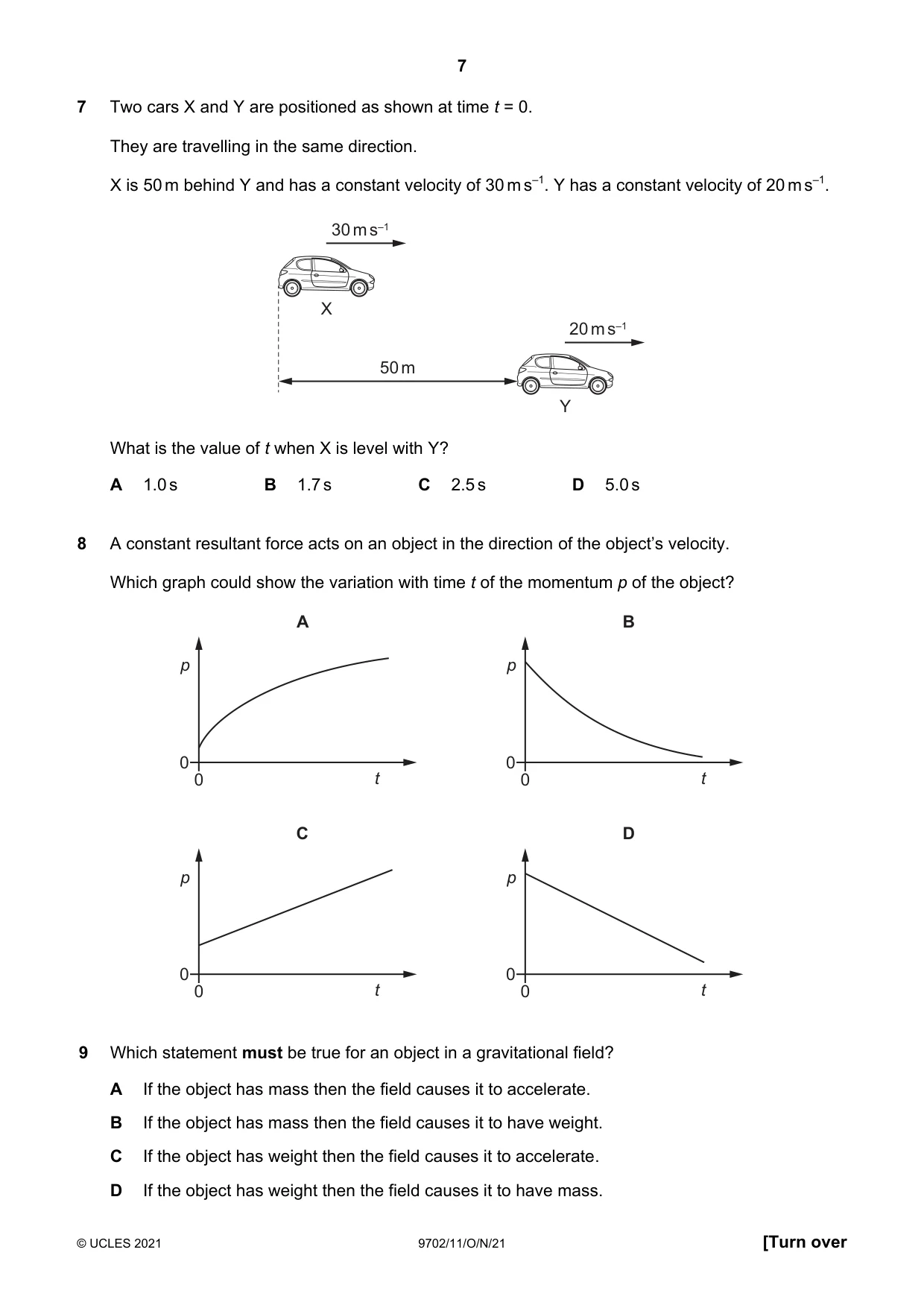 Cambridge A Level Physics 9702 2021 Oct/Nov Paper 1 · Variant 1 question paper, page 7 of 20