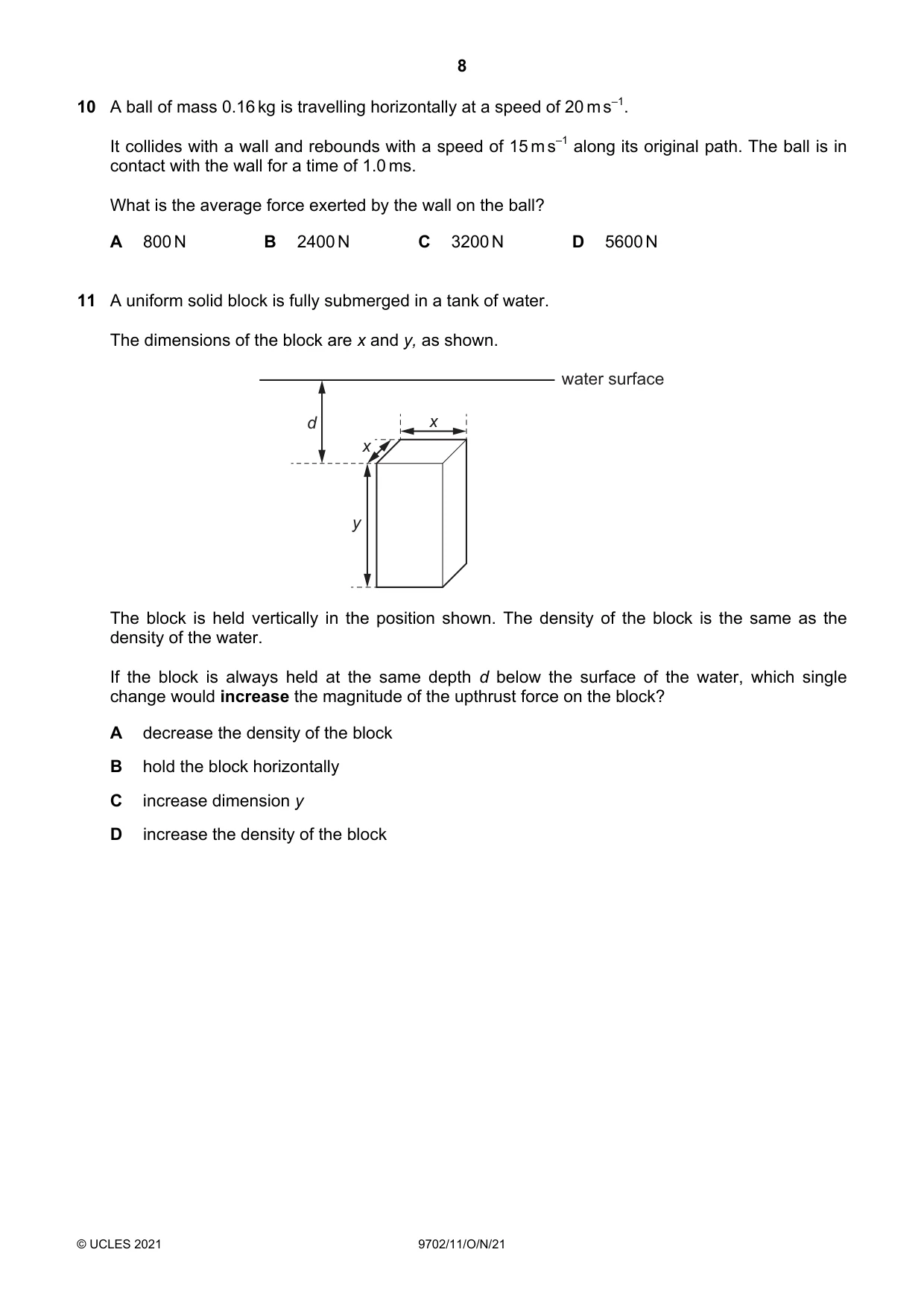 Cambridge A Level Physics 9702 2021 Oct/Nov Paper 1 · Variant 1 question paper, page 8 of 20