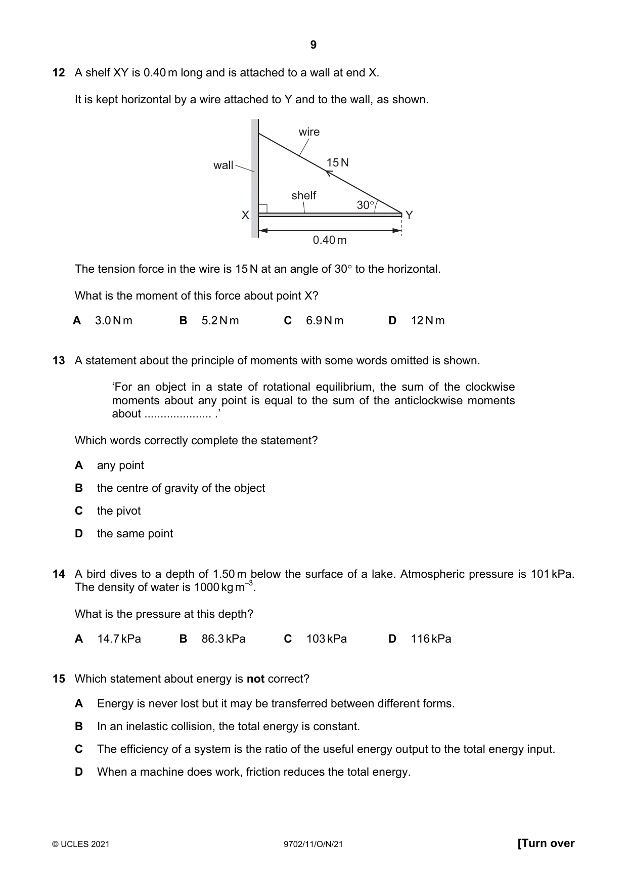 Cambridge A Level Physics 9702 2021 Oct/Nov Paper 1 · Variant 1 question paper, page 9 of 20