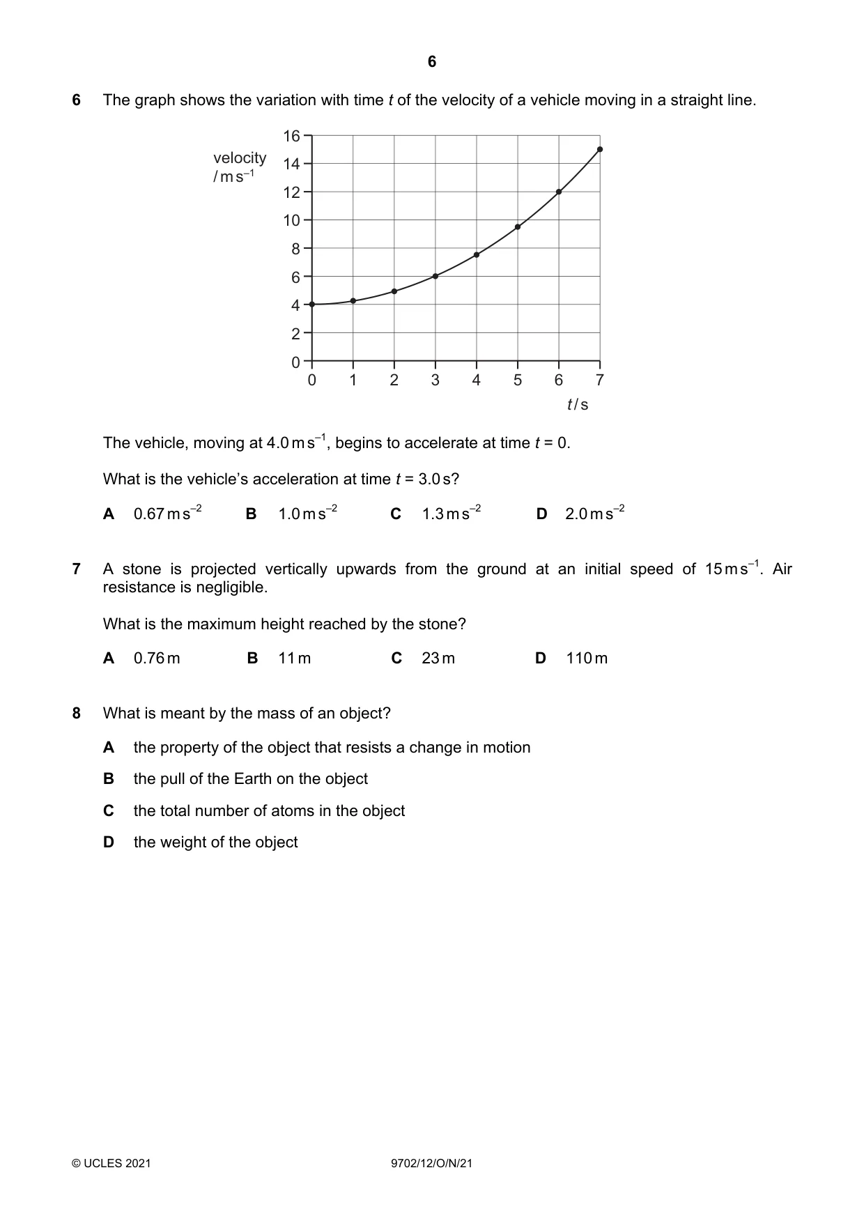 Cambridge A Level Physics 9702 2021 Oct/Nov Paper 1 · Variant 2 question paper, page 6 of 24