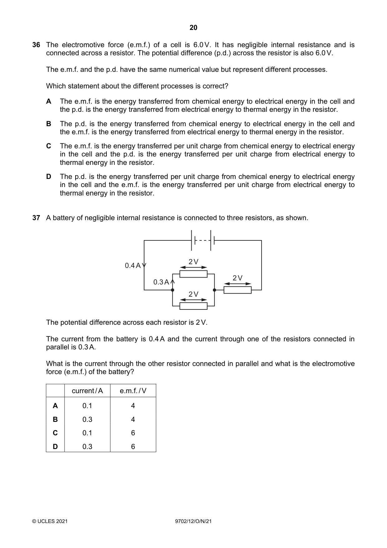 Cambridge A Level Physics 9702 2021 Oct/Nov Paper 1 · Variant 2 question paper, page 20 of 24