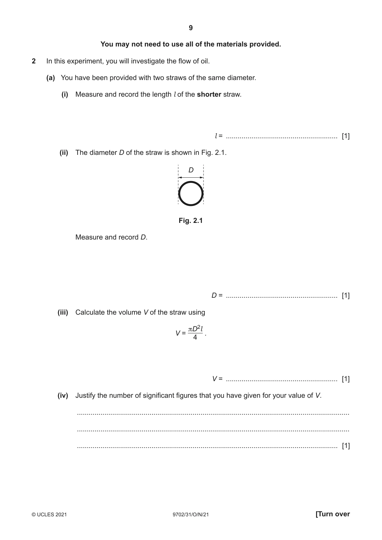Cambridge A Level Physics 9702 2021 Oct/Nov Paper 3 · Variant 1 question paper, page 9 of 16
