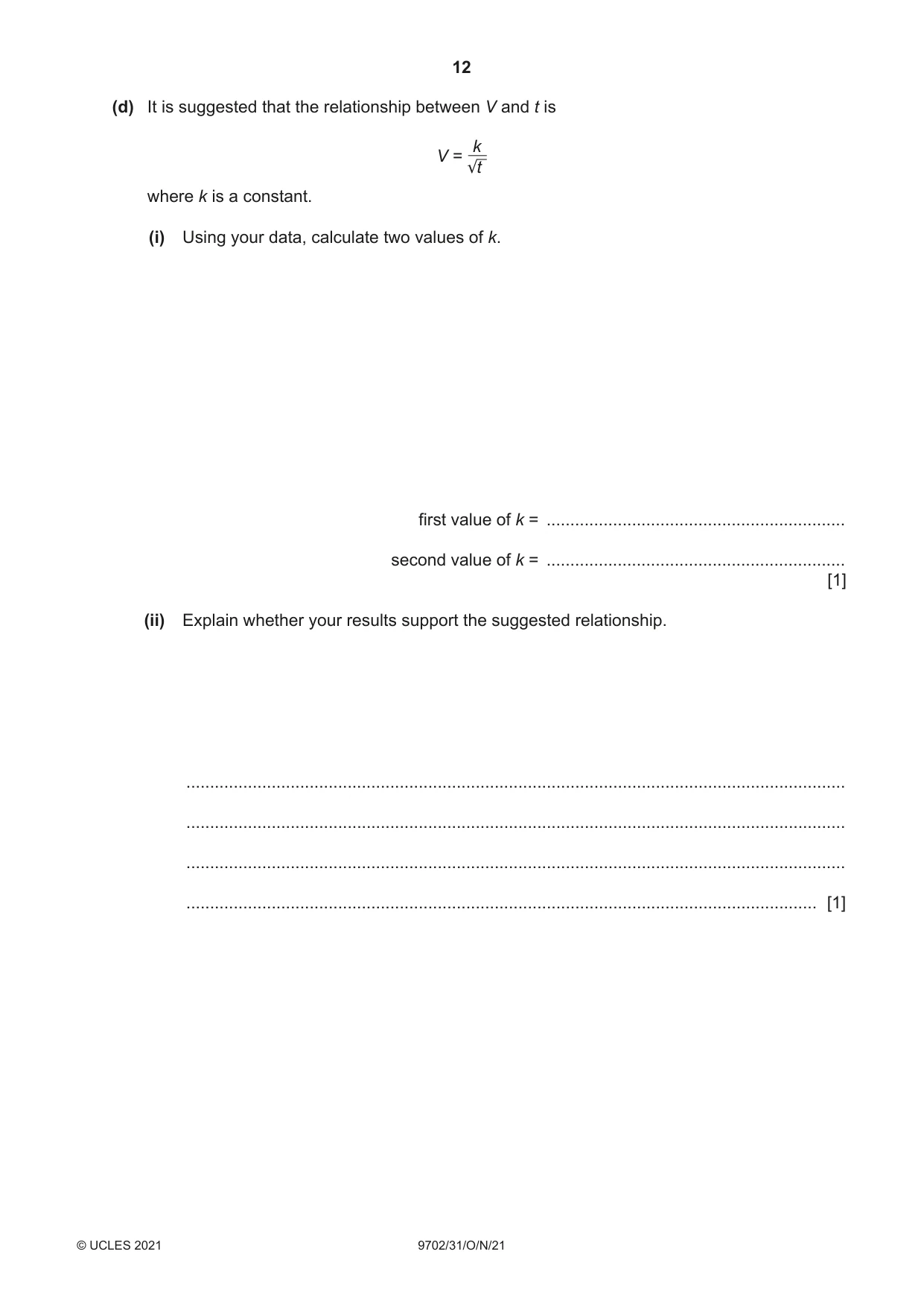 Cambridge A Level Physics 9702 2021 Oct/Nov Paper 3 · Variant 1 question paper, page 12 of 16