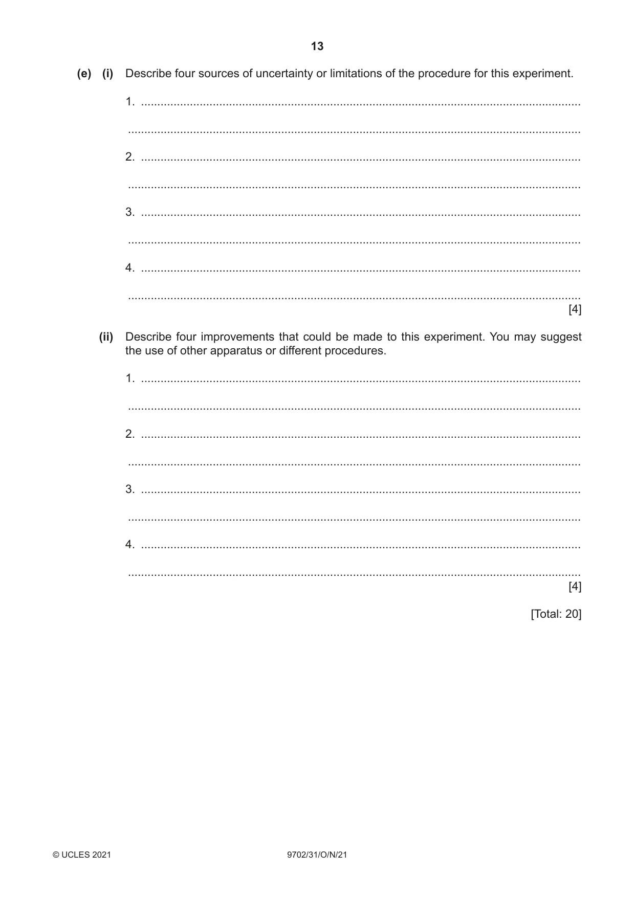 Cambridge A Level Physics 9702 2021 Oct/Nov Paper 3 · Variant 1 question paper, page 13 of 16