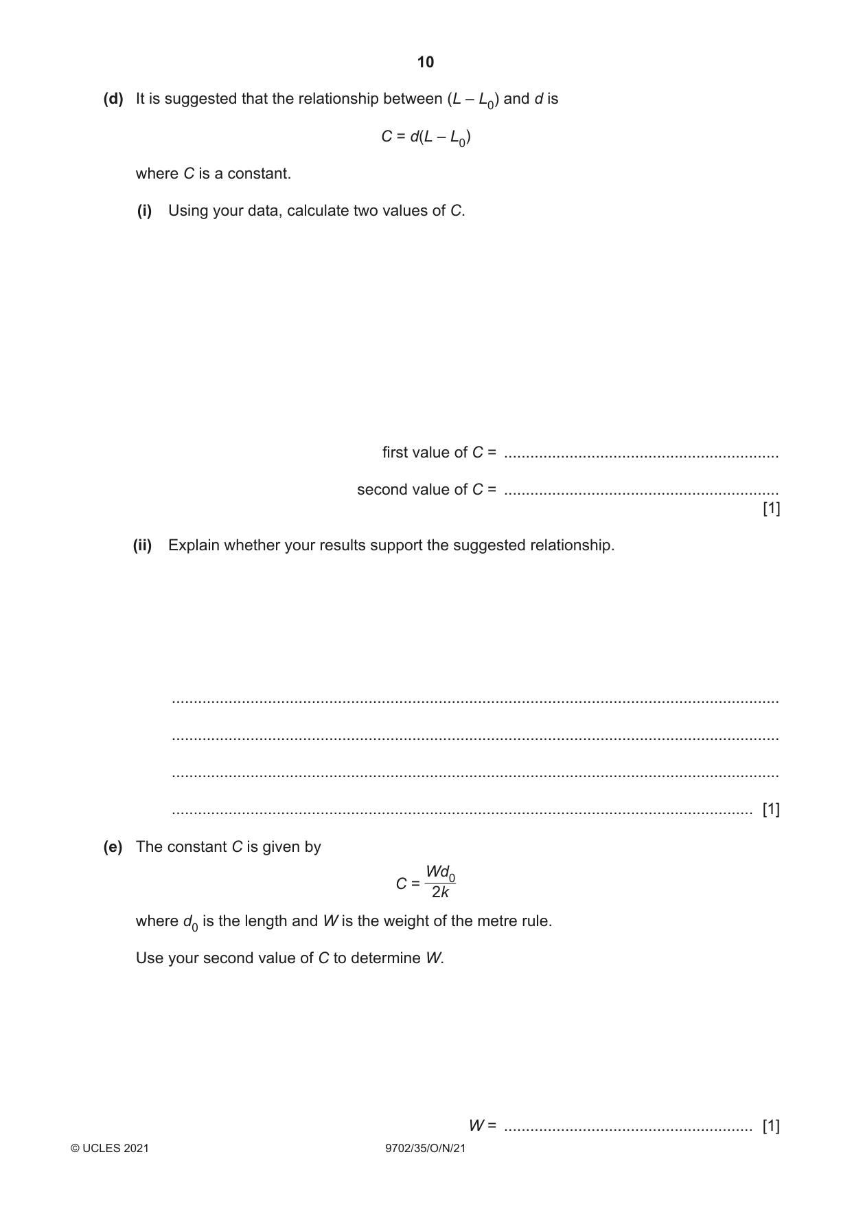 Cambridge A Level Physics 9702 2021 Oct/Nov Paper 3 · Variant 5 question paper, page 10 of 12