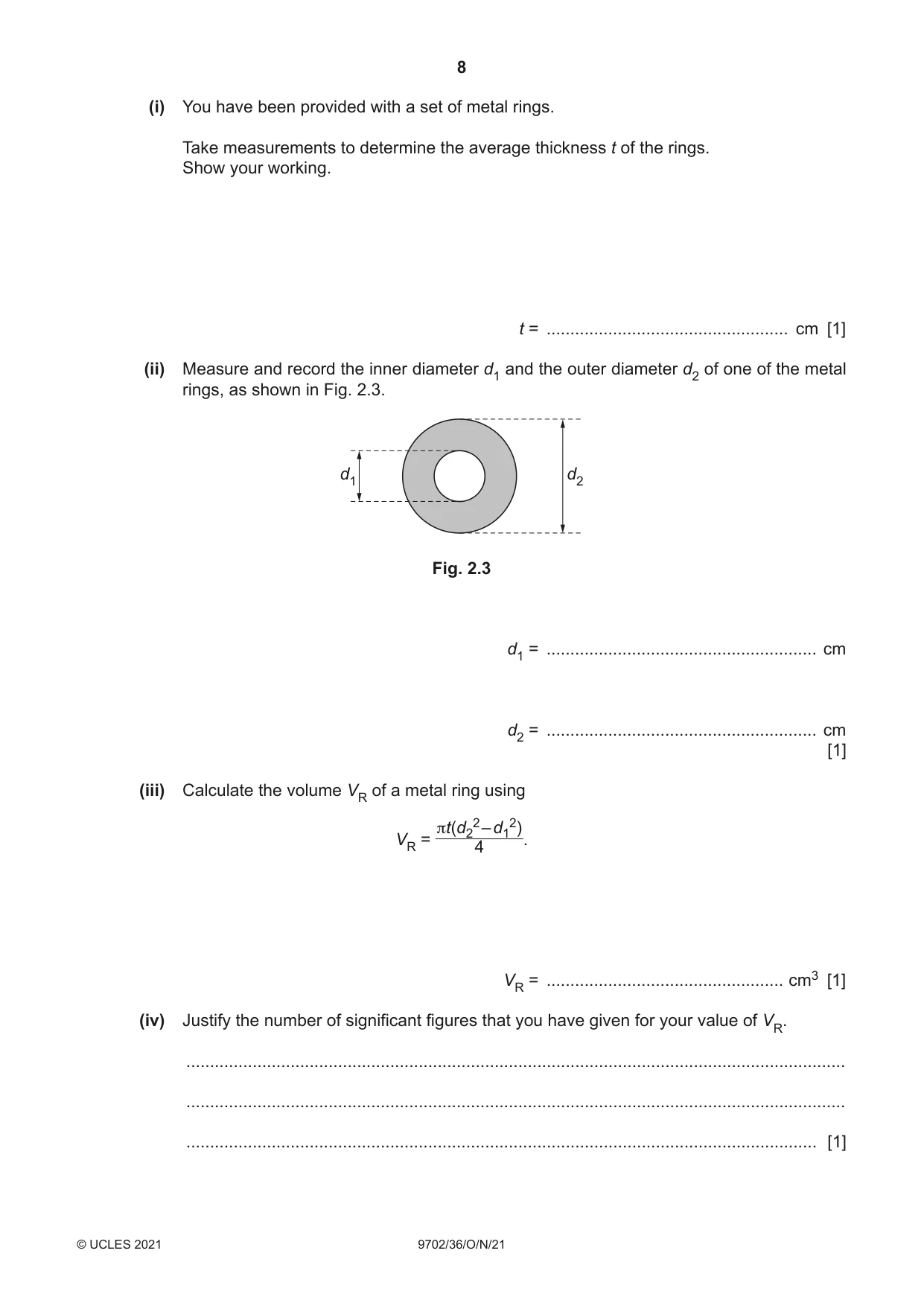 Cambridge A Level Physics 9702 2021 Oct/Nov Paper 3 · Variant 6 question paper, page 8 of 16