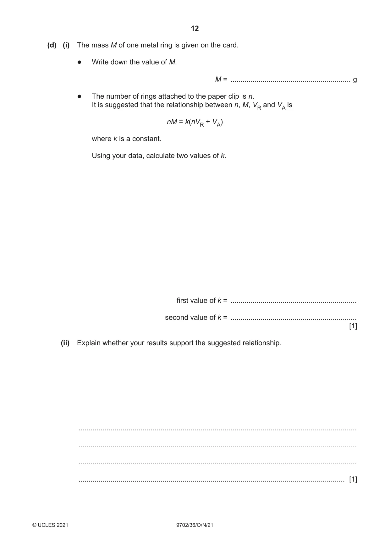 Cambridge A Level Physics 9702 2021 Oct/Nov Paper 3 · Variant 6 question paper, page 12 of 16