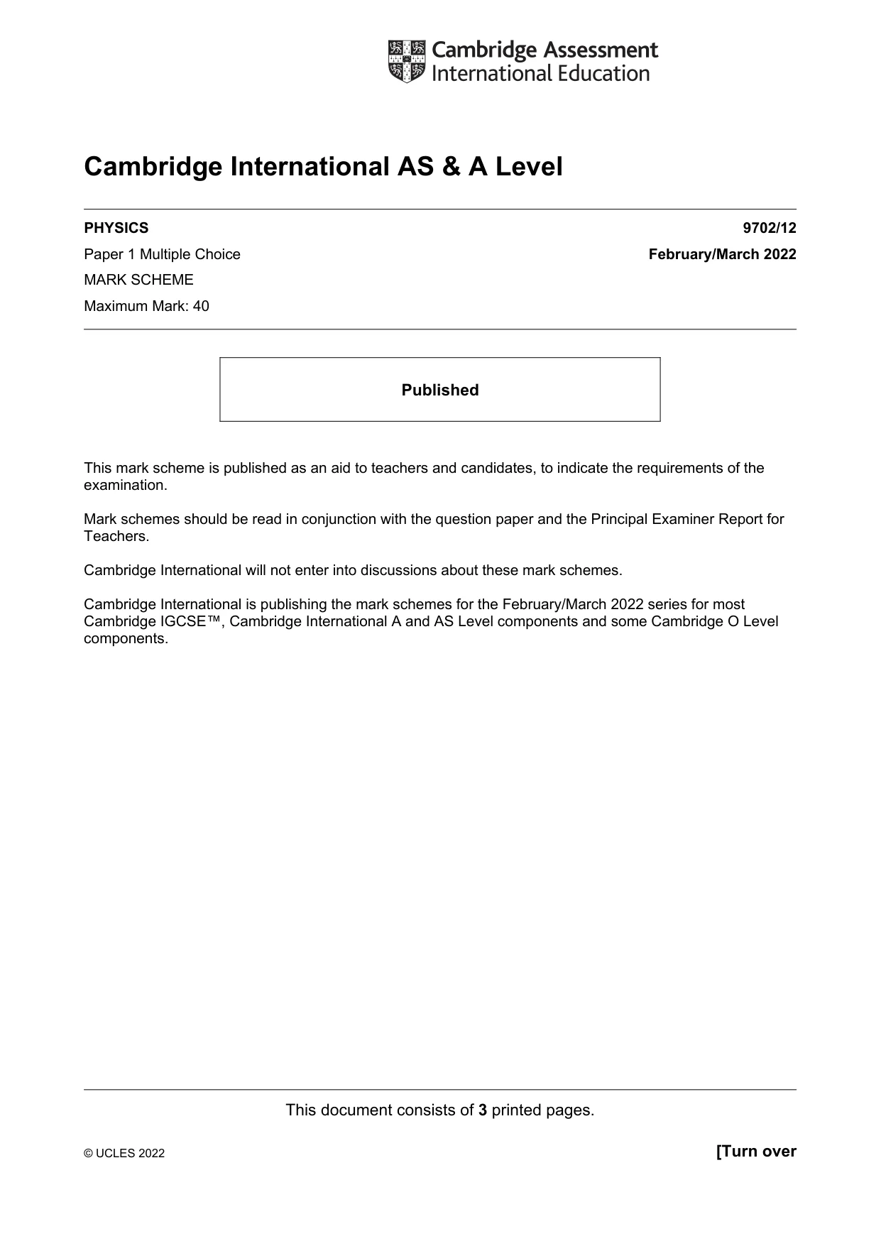 Mark scheme, page 1 of 3