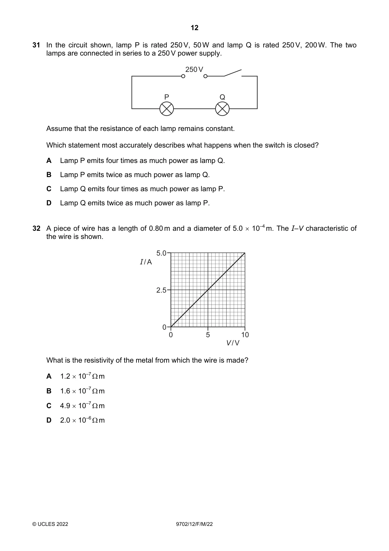 Cambridge A Level Physics 9702 2022 Feb/March Paper 1 · Variant 2 question paper, page 12 of 16