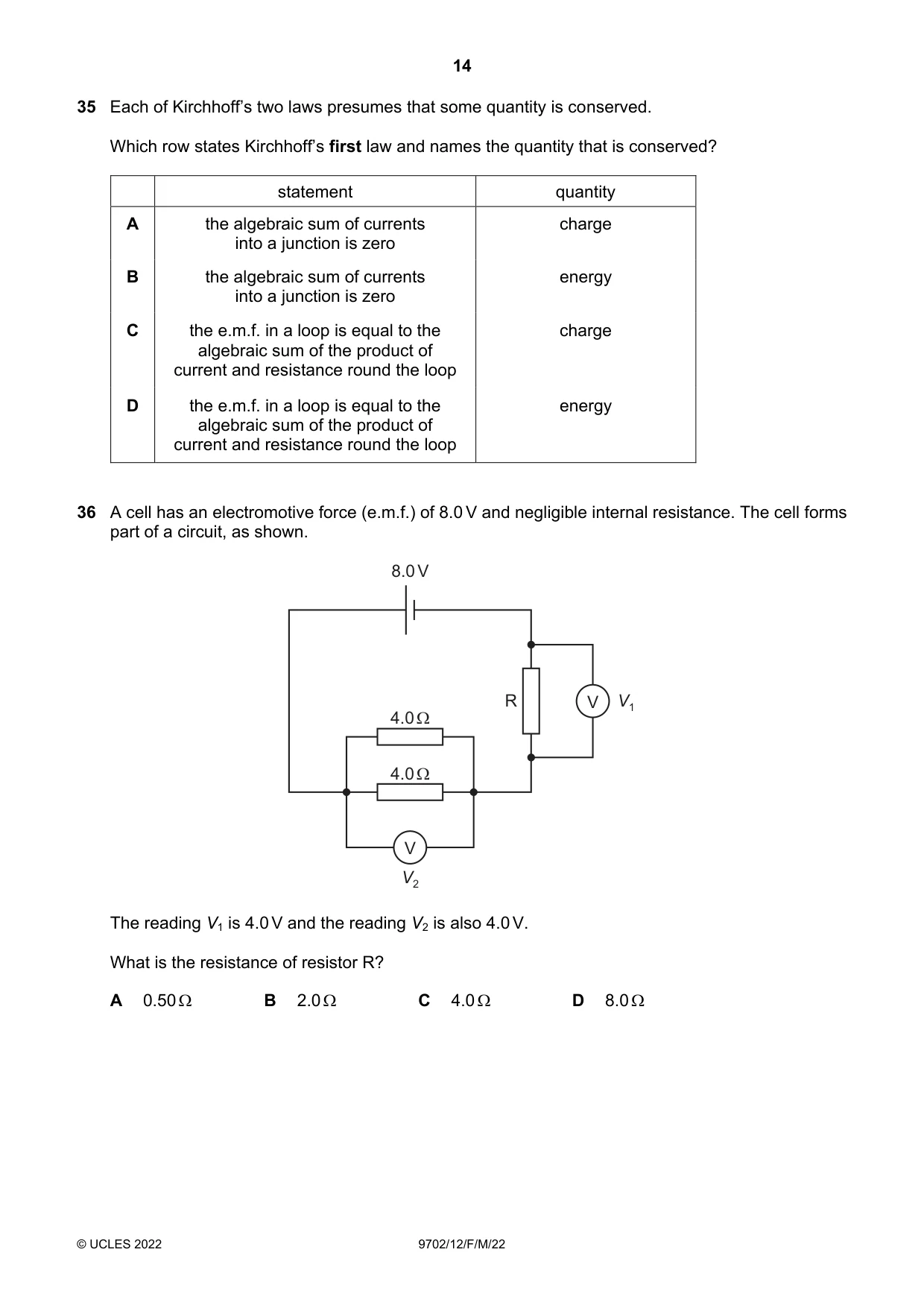 Cambridge A Level Physics 9702 2022 Feb/March Paper 1 · Variant 2 question paper, page 14 of 16