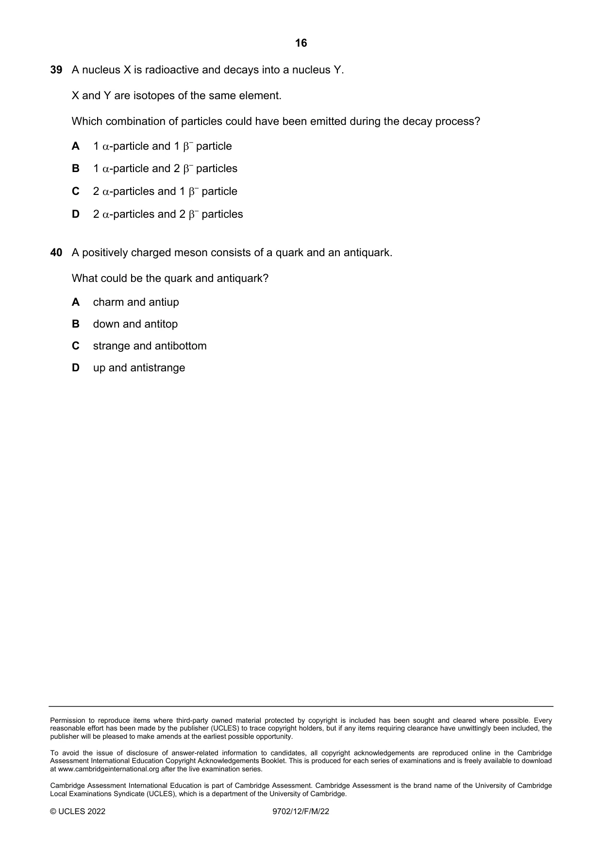 Cambridge A Level Physics 9702 2022 Feb/March Paper 1 · Variant 2 question paper, page 16 of 16