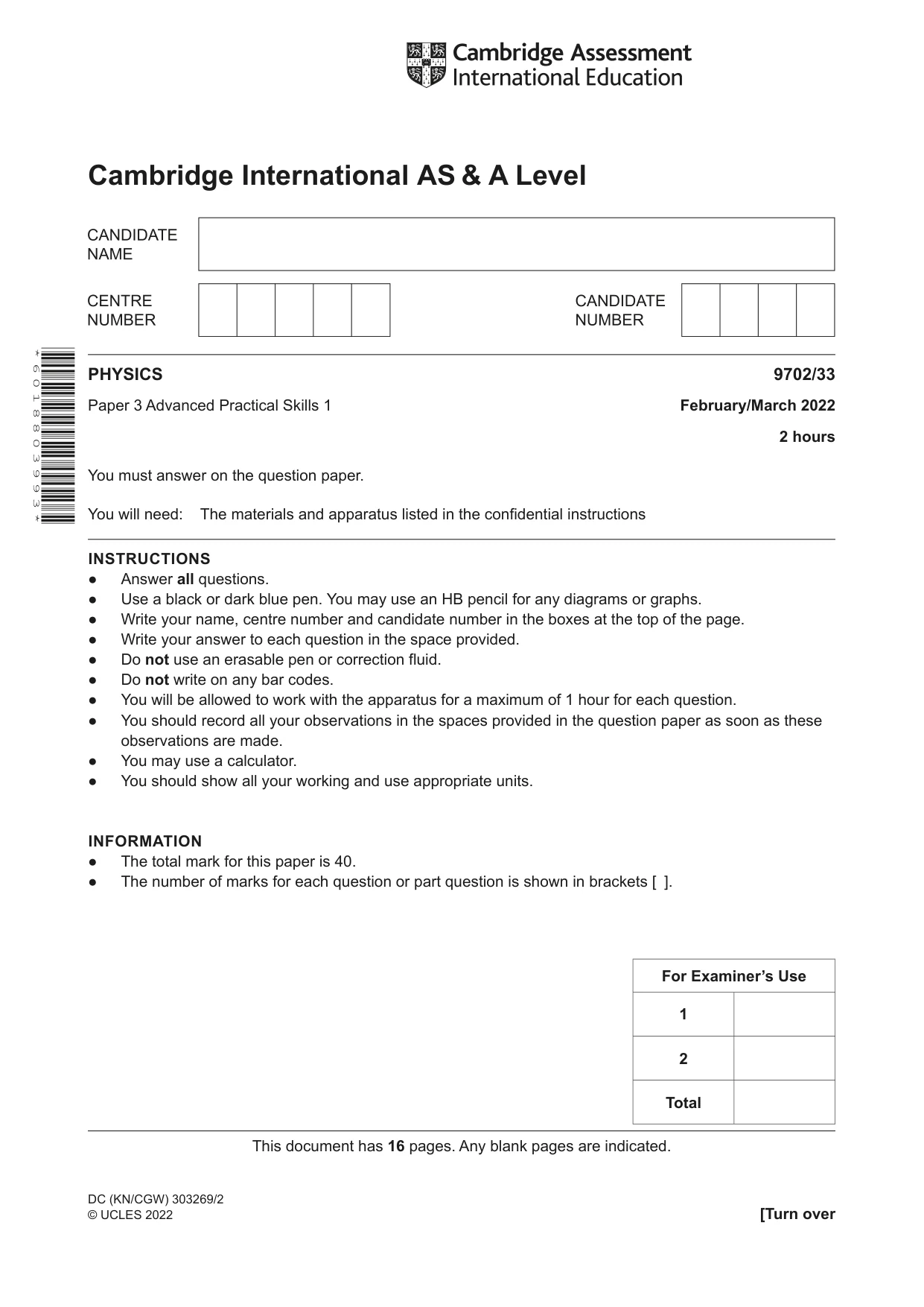 Cambridge A Level Physics 9702 2022 Feb/March Paper 3 · Variant 3 question paper, page 1 of 16