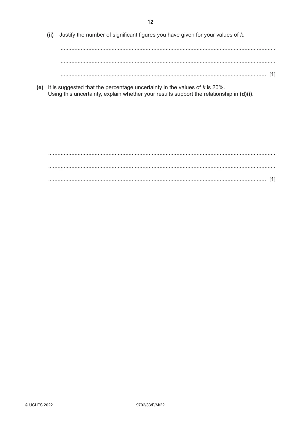 Cambridge A Level Physics 9702 2022 Feb/March Paper 3 · Variant 3 question paper, page 12 of 16
