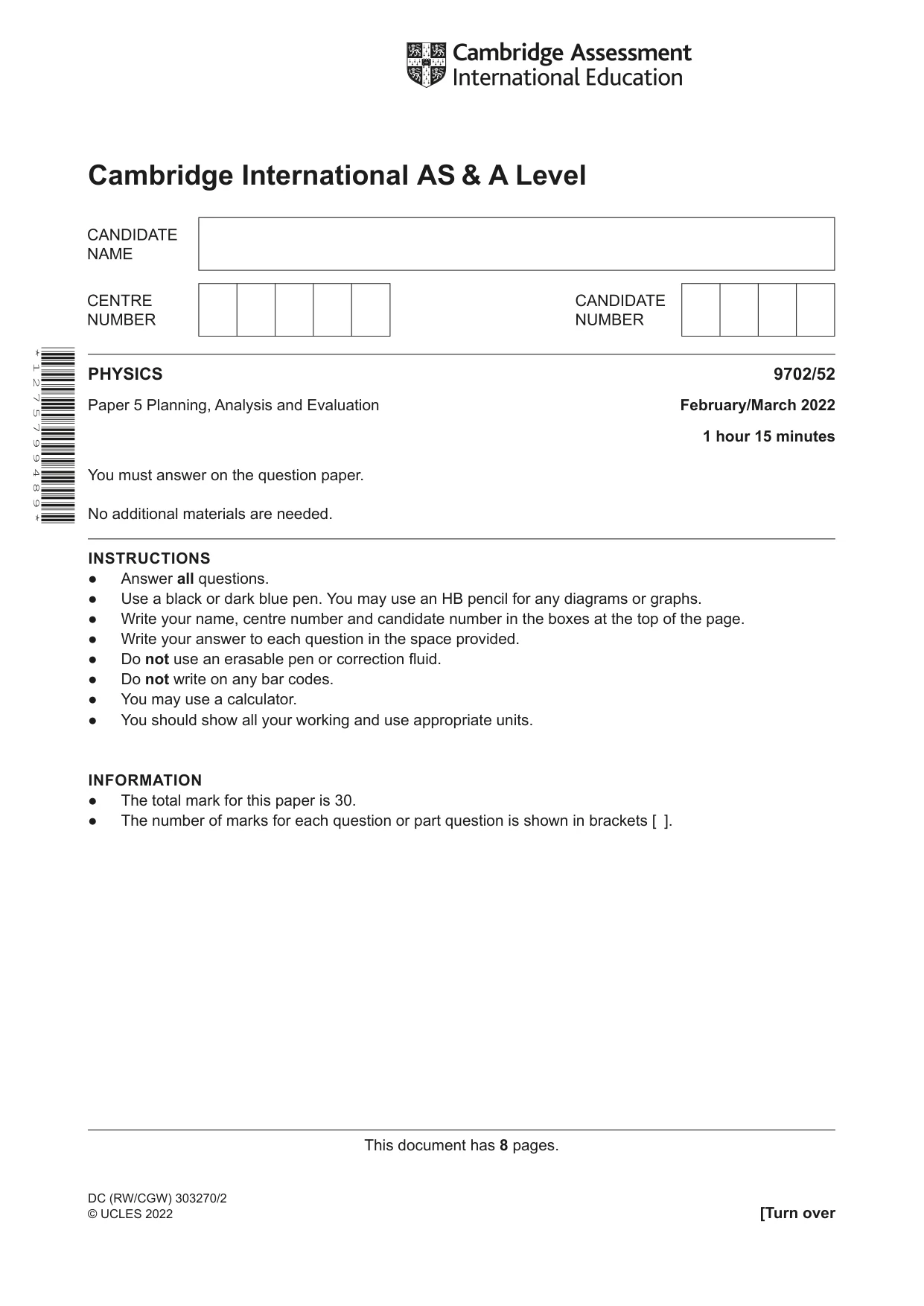 Cambridge A Level Physics 9702 2022 Feb/March Paper 5 · Variant 2 question paper, page 1 of 8