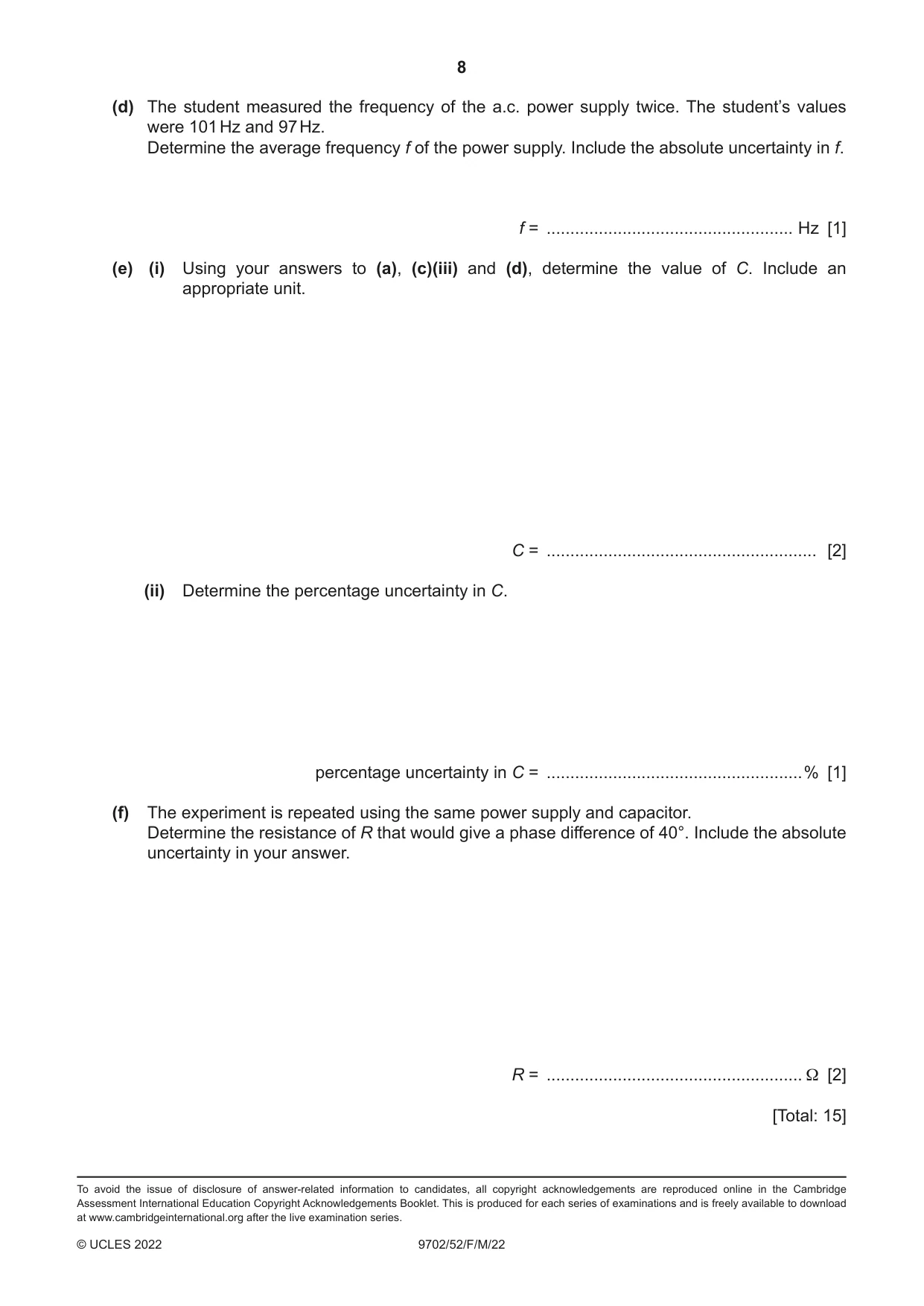 Cambridge A Level Physics 9702 2022 Feb/March Paper 5 · Variant 2 question paper, page 8 of 8