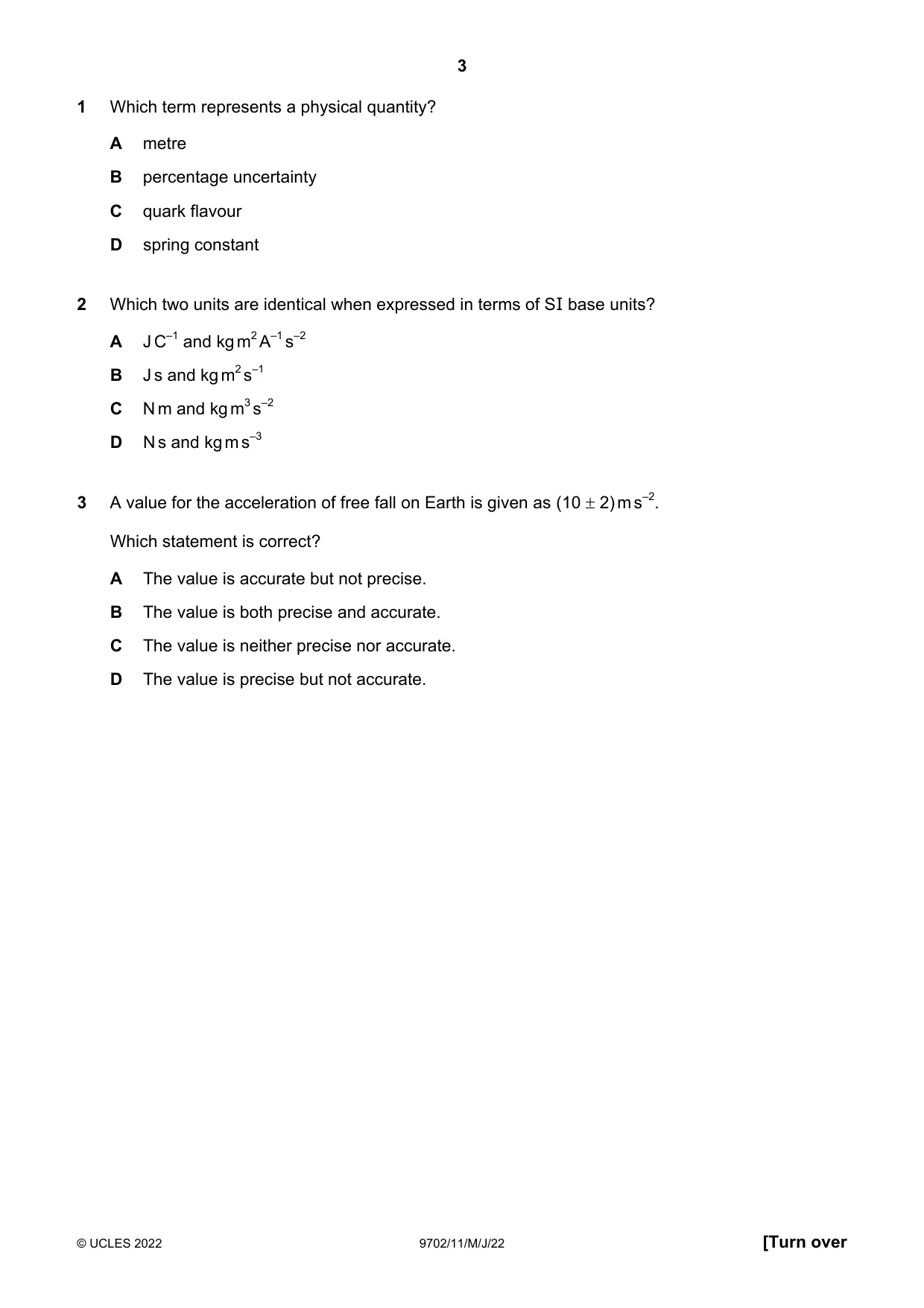 Cambridge A Level Physics 9702 2022 May/June Paper 1 · Variant 1 question paper, page 3 of 20