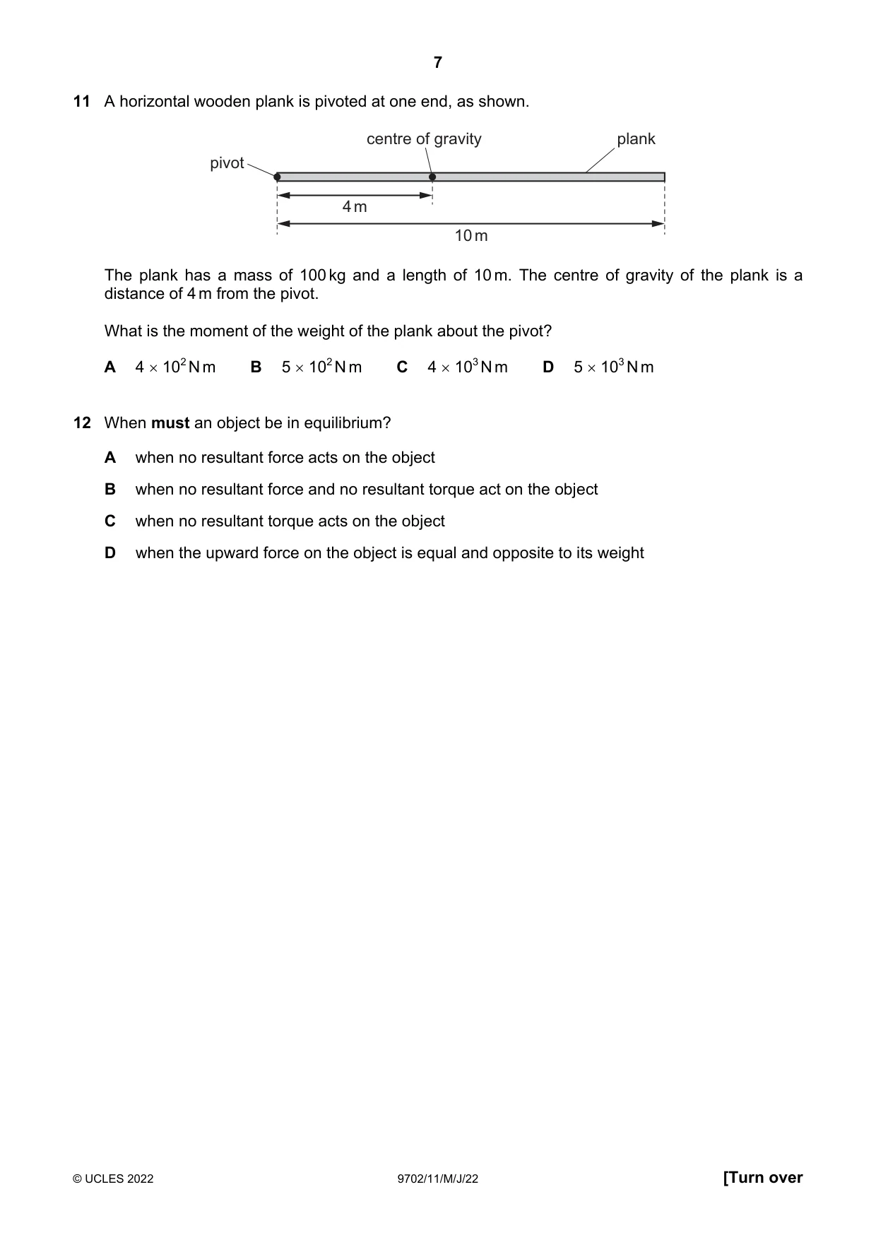 Cambridge A Level Physics 9702 2022 May/June Paper 1 · Variant 1 question paper, page 7 of 20