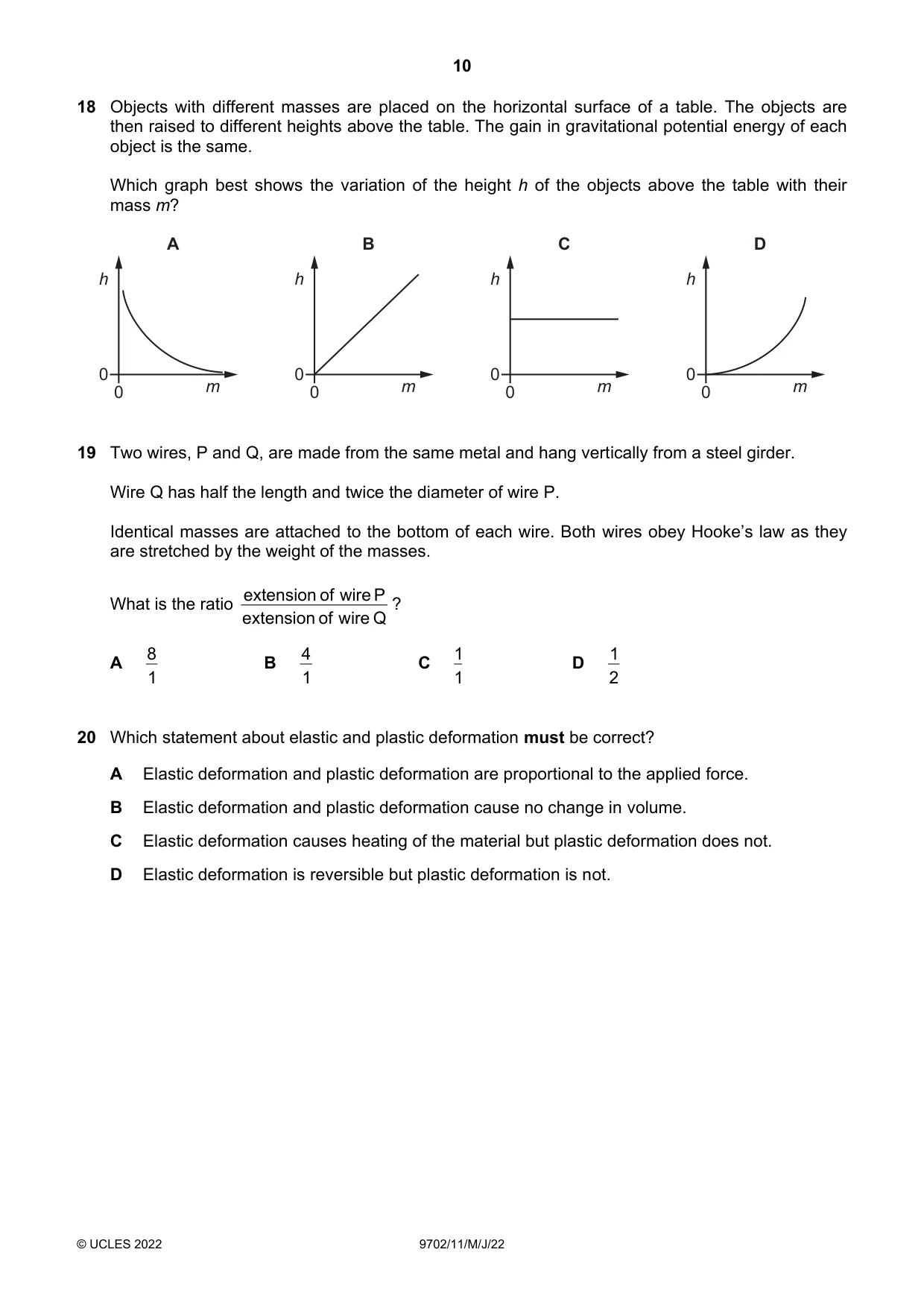 Cambridge A Level Physics 9702 2022 May/June Paper 1 · Variant 1 question paper, page 10 of 20