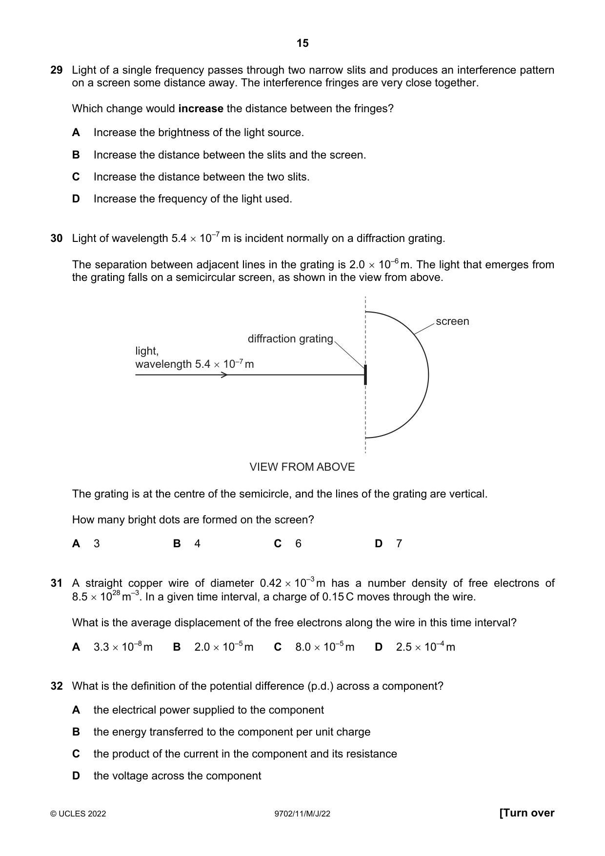 Cambridge A Level Physics 9702 2022 May/June Paper 1 · Variant 1 question paper, page 15 of 20