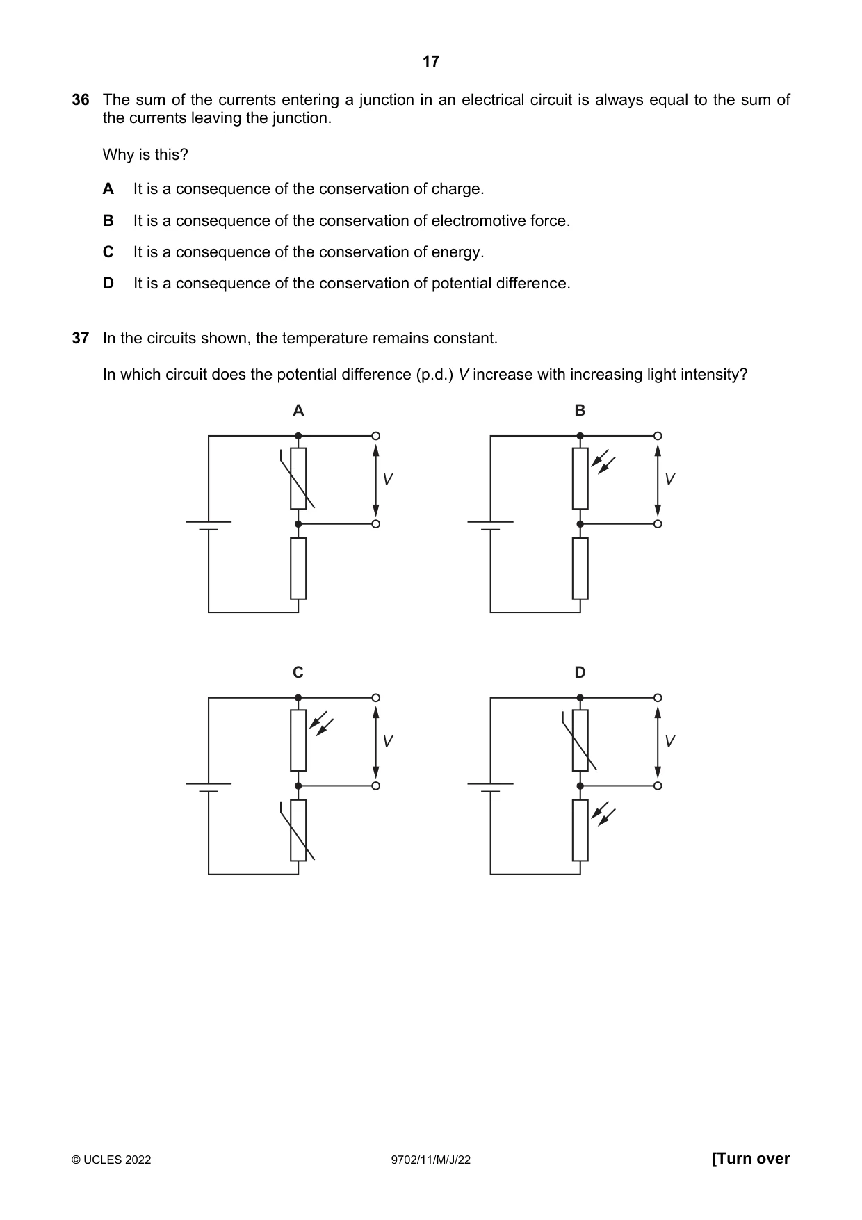 Cambridge A Level Physics 9702 2022 May/June Paper 1 · Variant 1 question paper, page 17 of 20