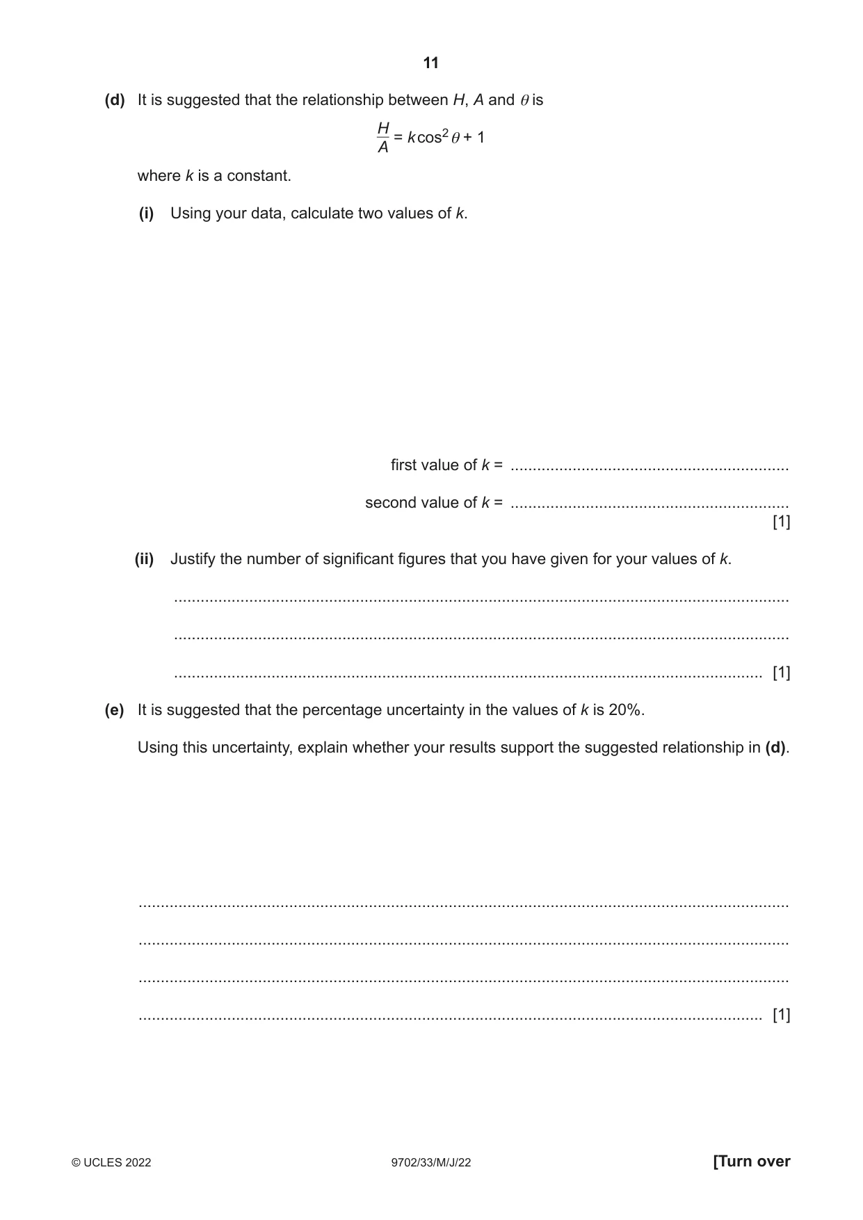 Cambridge A Level Physics 9702 2022 May/June Paper 3 · Variant 3 question paper, page 11 of 12