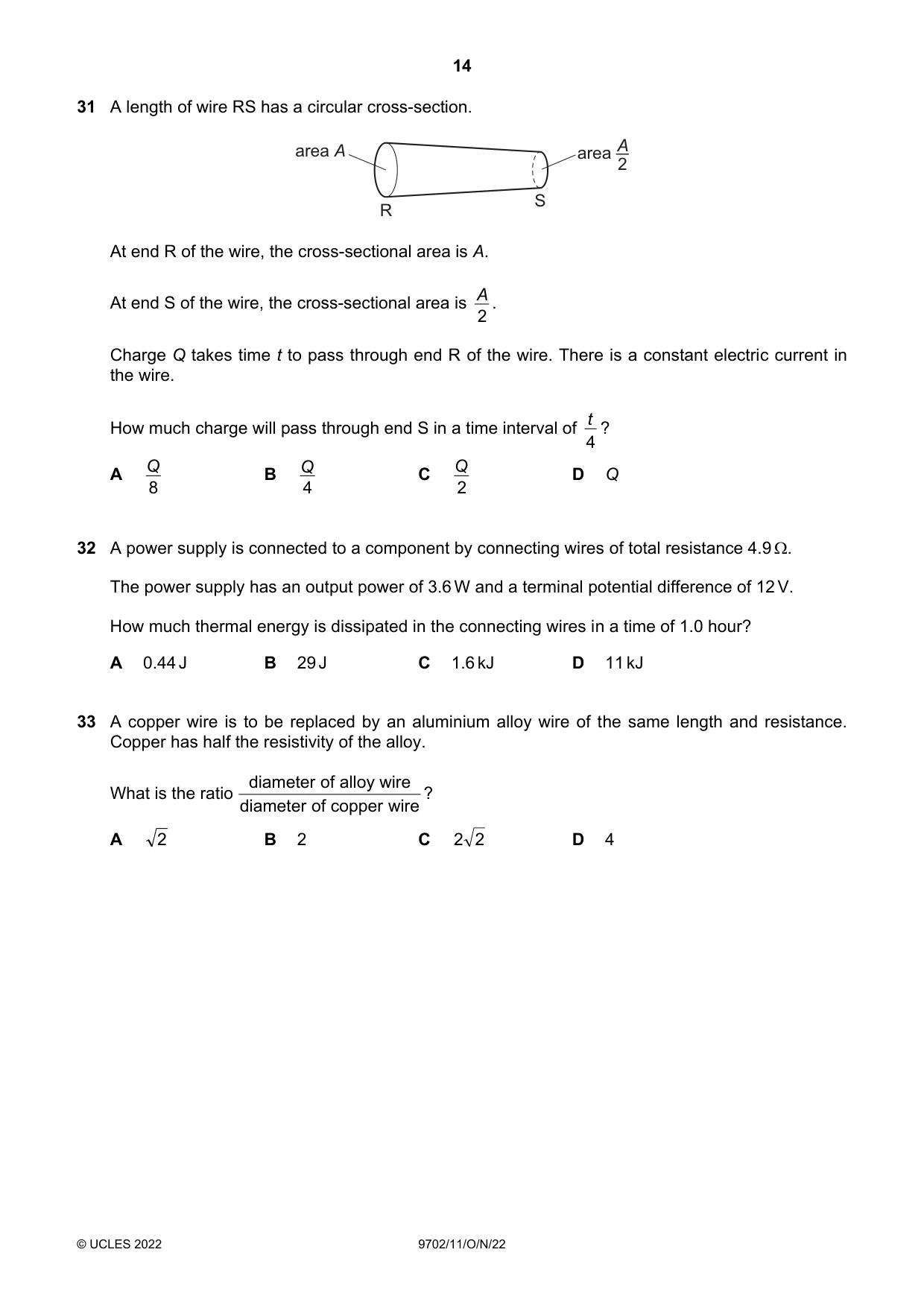 Cambridge A Level Physics 9702 2022 Oct/Nov Paper 1 · Variant 1 question paper, page 14 of 20