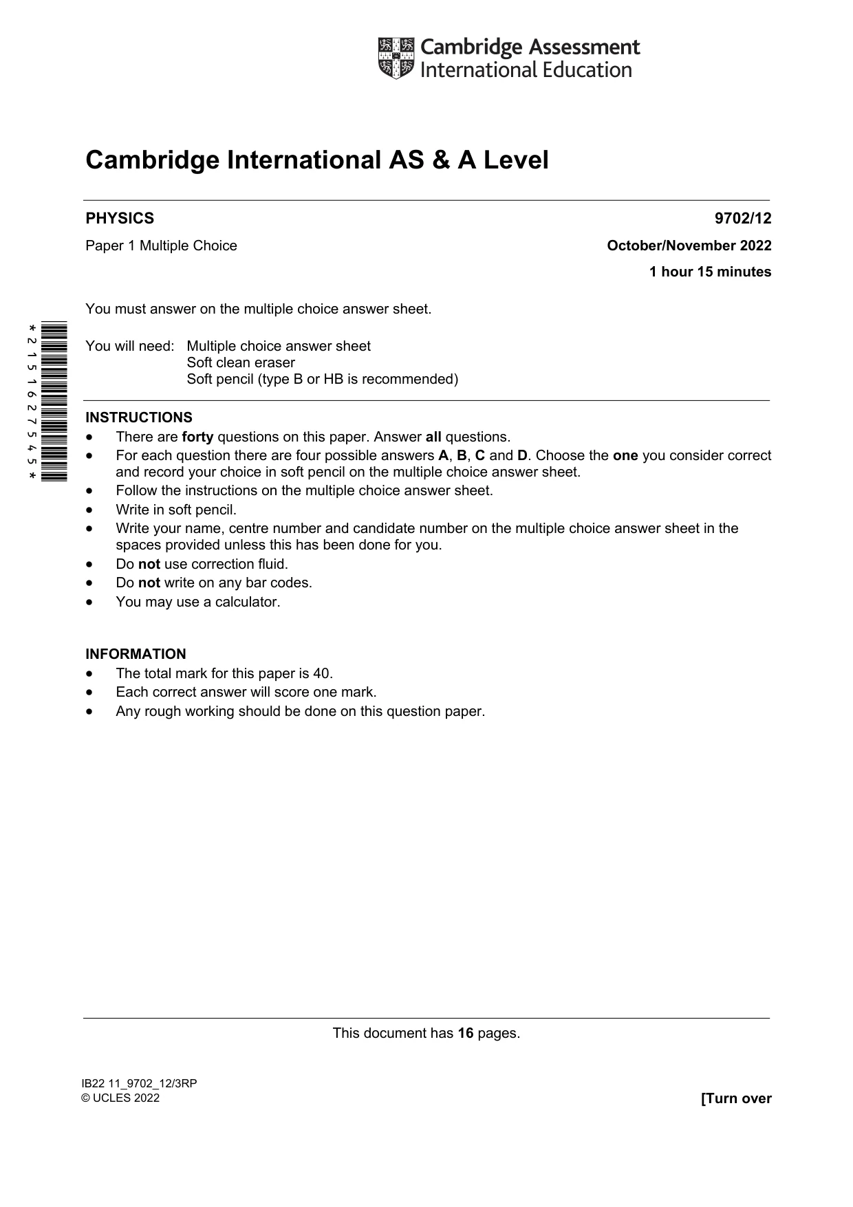 Cambridge A Level Physics 9702 2022 Oct/Nov Paper 1 · Variant 2 question paper, page 1 of 16