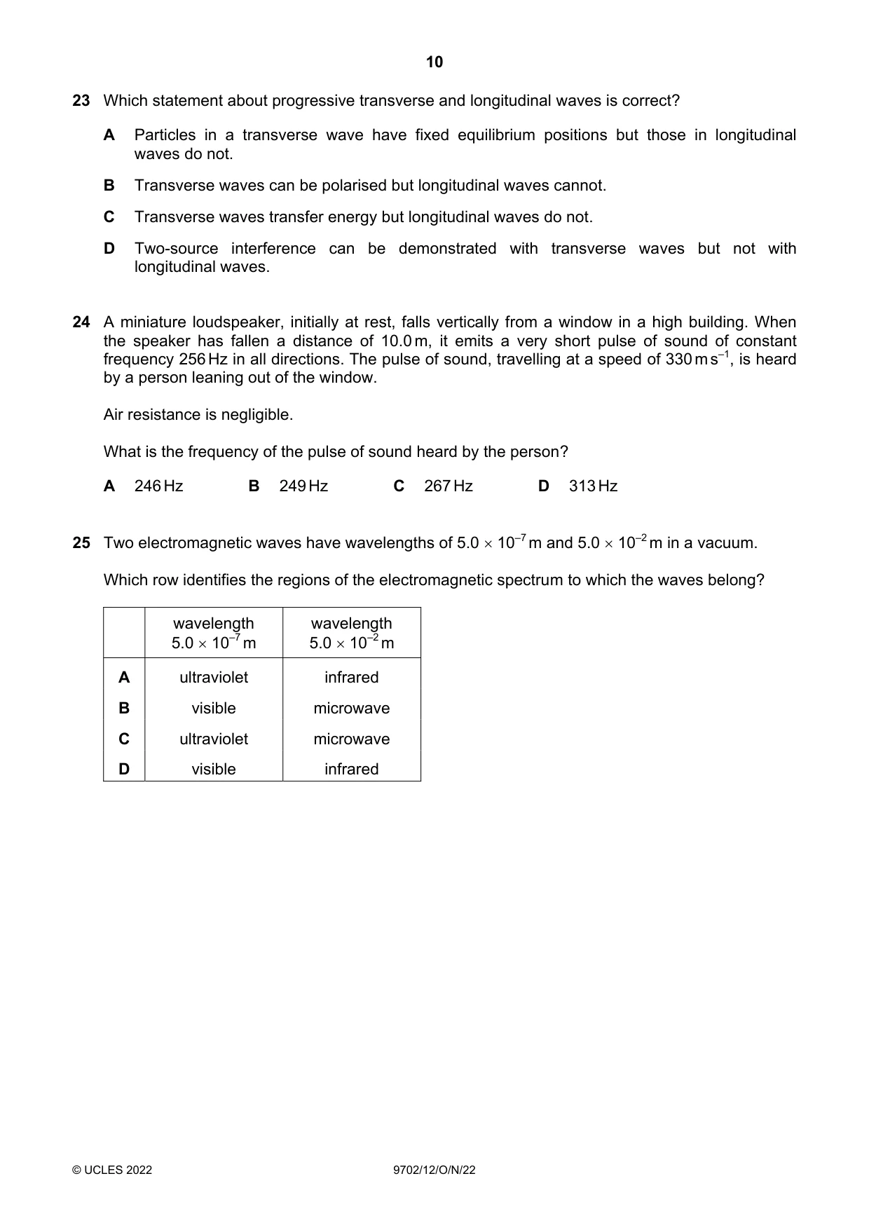 Cambridge A Level Physics 9702 2022 Oct/Nov Paper 1 · Variant 2 question paper, page 10 of 16