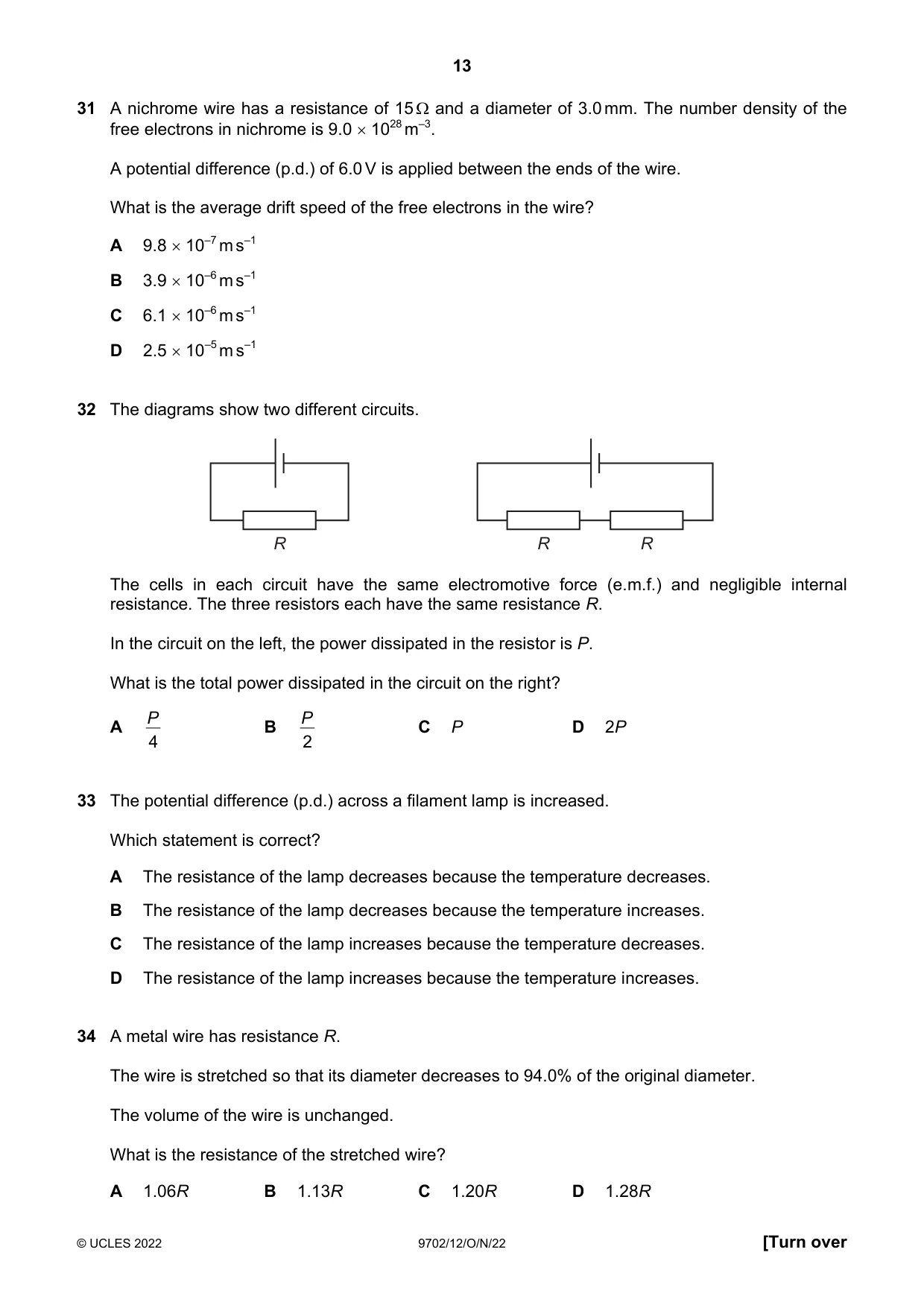 Cambridge A Level Physics 9702 2022 Oct/Nov Paper 1 · Variant 2 question paper, page 13 of 16
