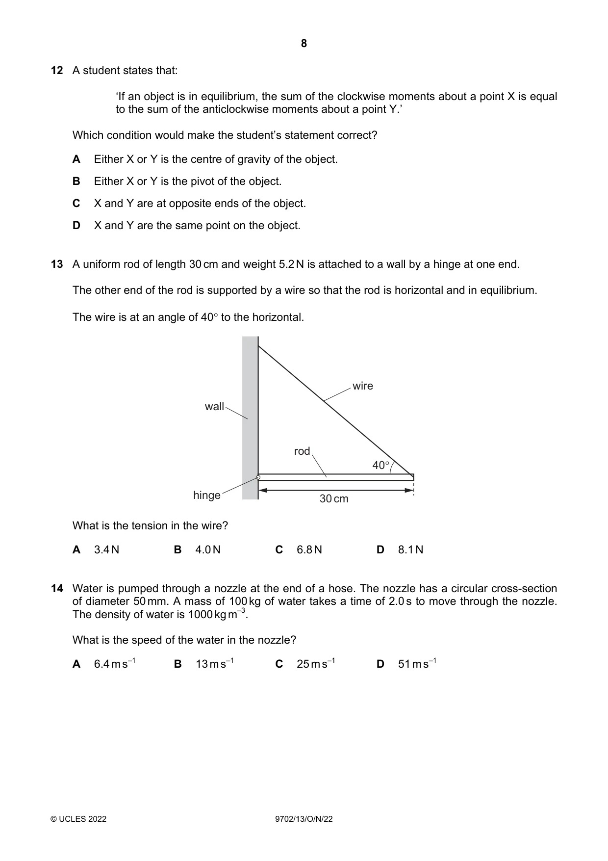 Cambridge A Level Physics 9702 2022 Oct/Nov Paper 1 · Variant 3 question paper, page 8 of 20