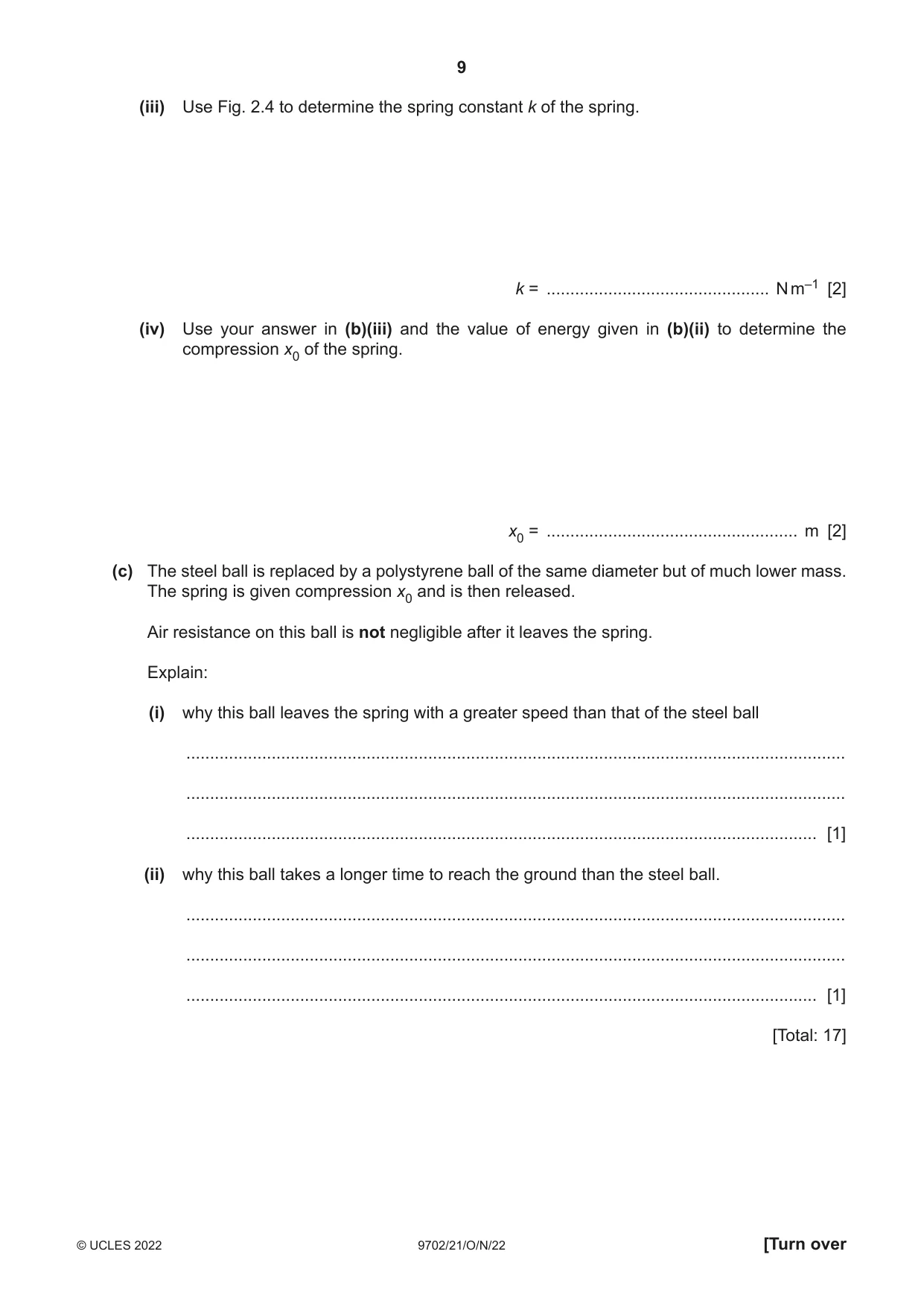 Cambridge A Level Physics 9702 2022 Oct/Nov Paper 2 · Variant 1 question paper, page 9 of 20