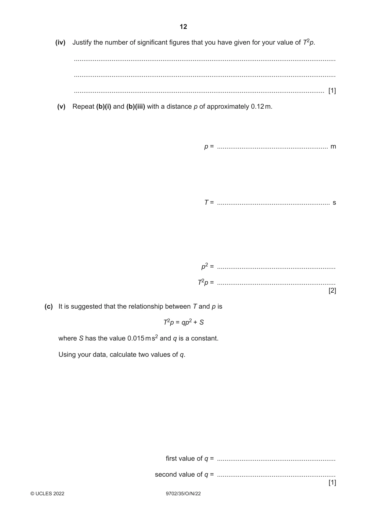 Cambridge A Level Physics 9702 2022 Oct/Nov Paper 3 · Variant 5 question paper, page 12 of 16