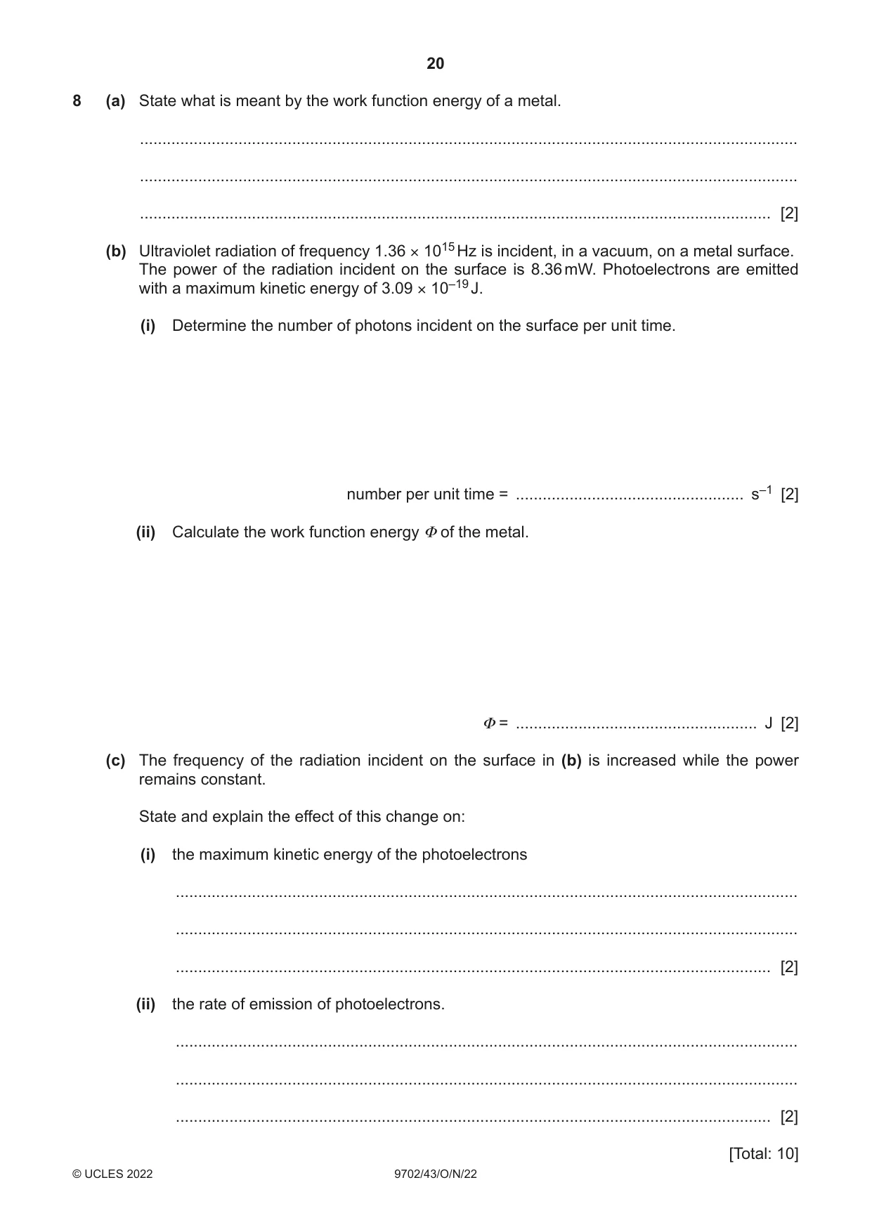 Cambridge A Level Physics 9702 2022 Oct/Nov Paper 4 · Variant 3 question paper, page 20 of 24