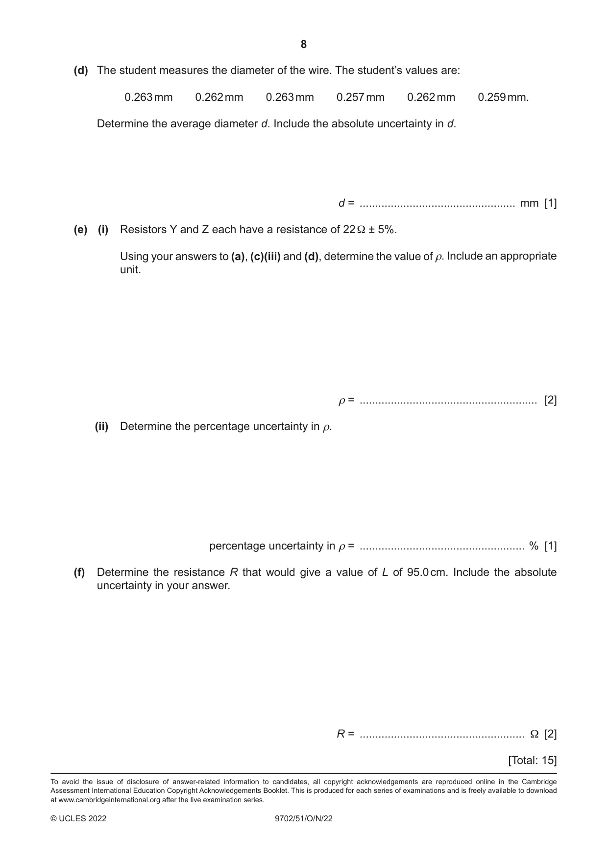 Cambridge A Level Physics 9702 2022 Oct/Nov Paper 5 · Variant 1 question paper, page 8 of 8