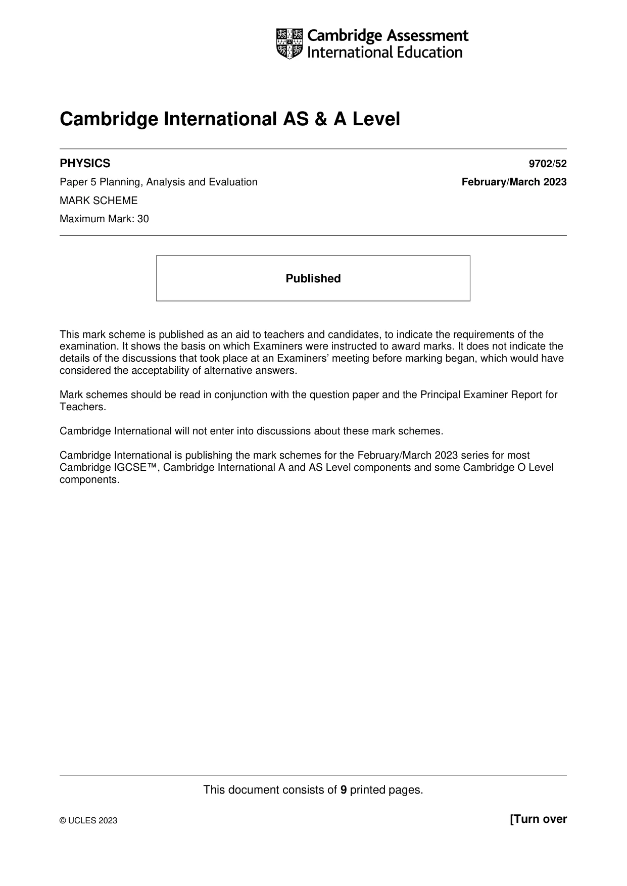 Mark scheme, page 1 of 9
