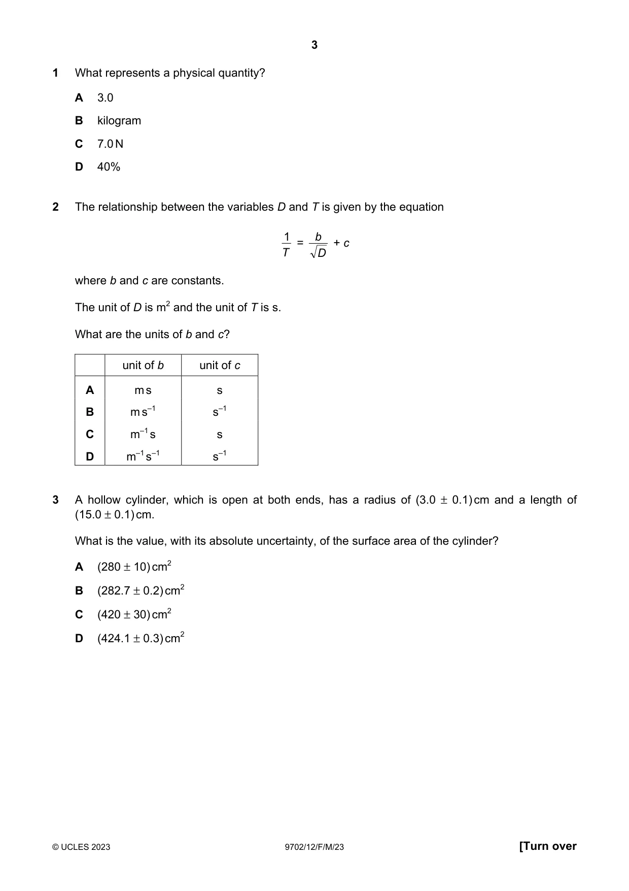 Cambridge A Level Physics 9702 2023 Feb/March Paper 1 · Variant 2 question paper, page 3 of 20