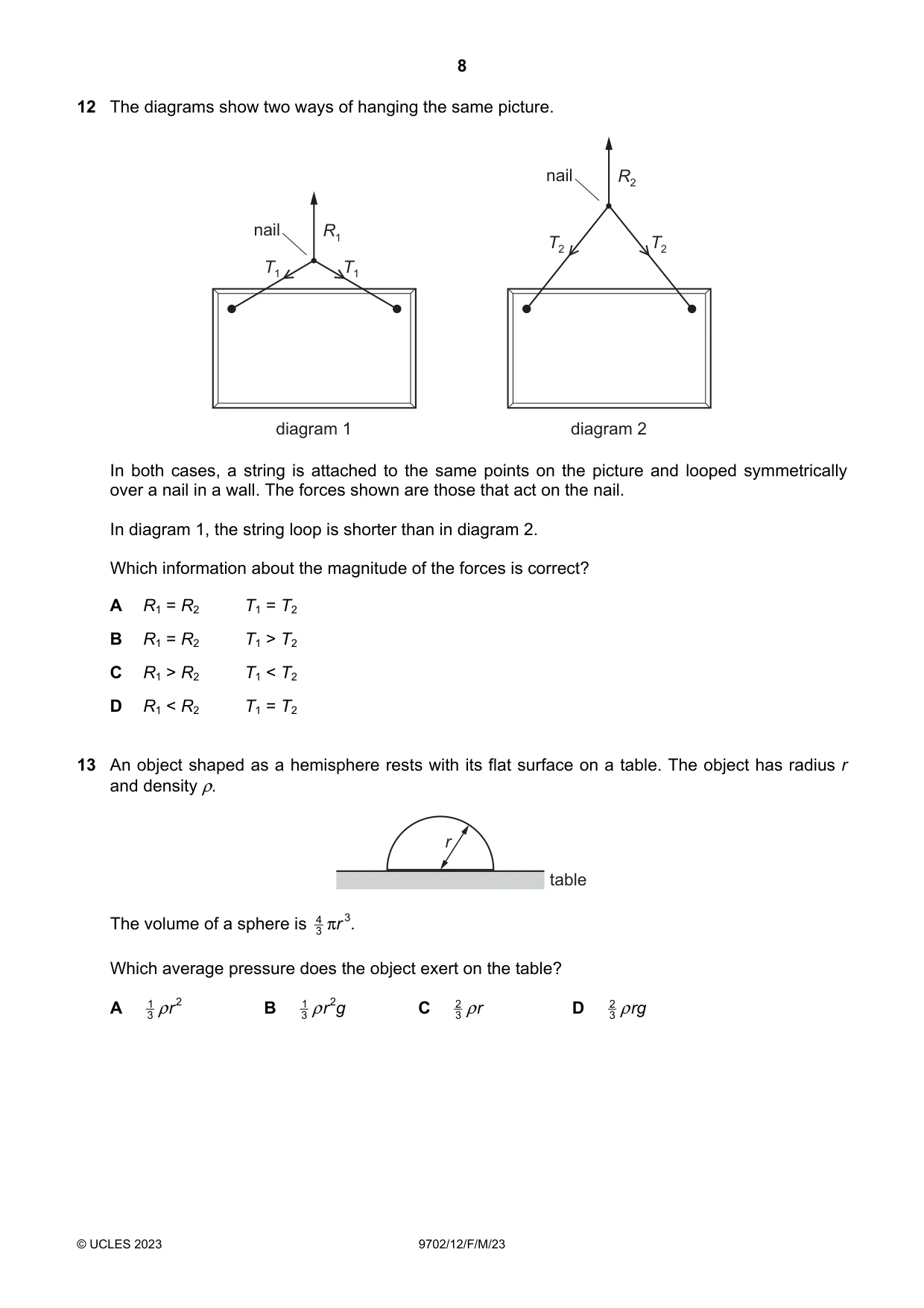 Cambridge A Level Physics 9702 2023 Feb/March Paper 1 · Variant 2 question paper, page 8 of 20